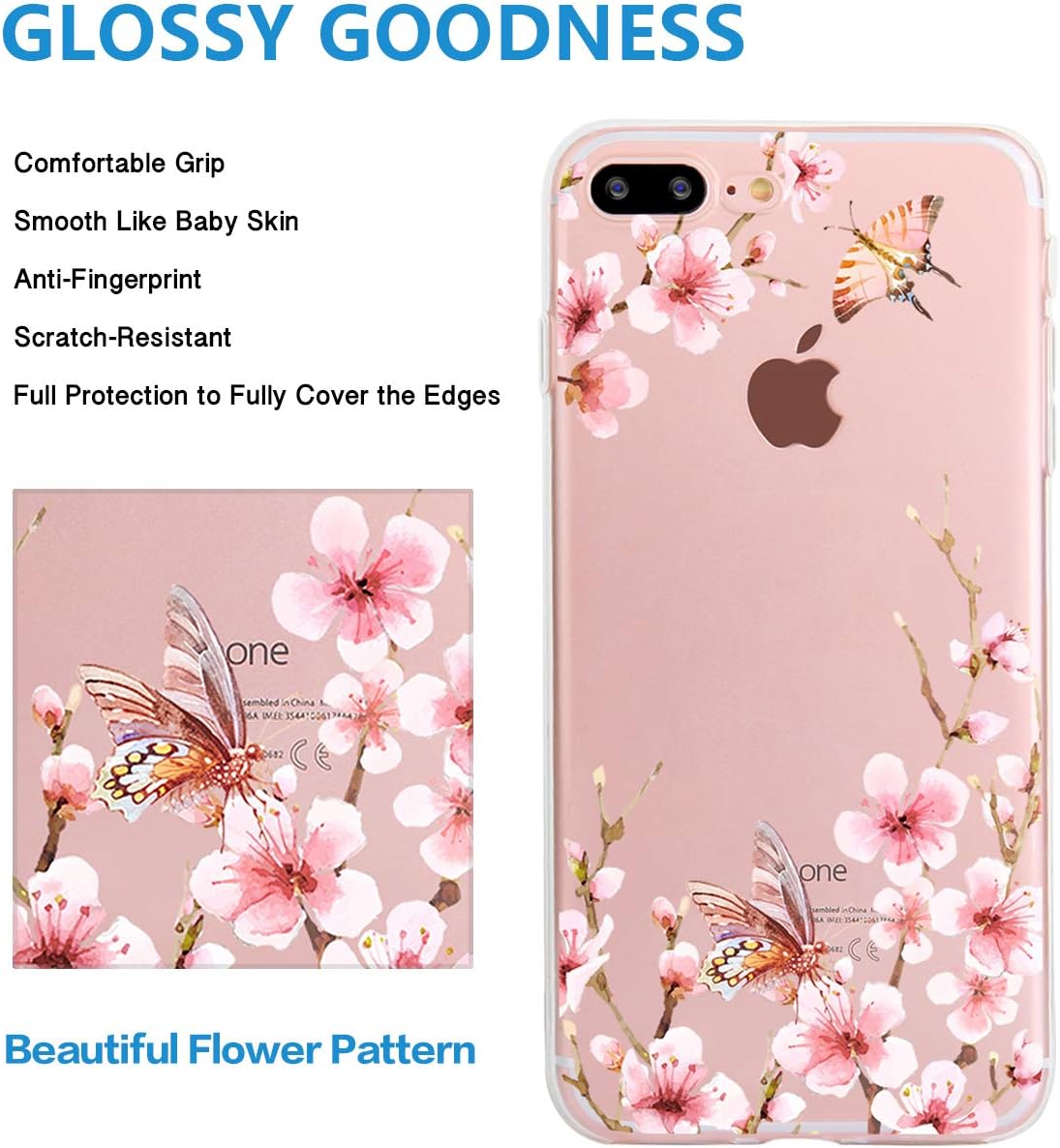 iPhone 8 Plus 7 Plus Case Cute Floral Pattern Clear Soft TPU Slim Flexible Shockproof Phone Cases for Women Girls-Pink Peach Blossom Butterfly[5.5"]