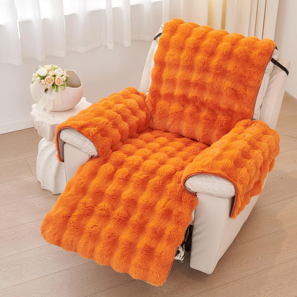 ROOMLIFE Faux Fur Fluffy Recliner Chair Slipcover Faux Rabbit Fur Sofa Cover, Soft Non-Slip Dog Chair Cover Furniture Protector Washable with Pocket, Elastic Straps for Pet,Kids (Orange 23.6"X 91")