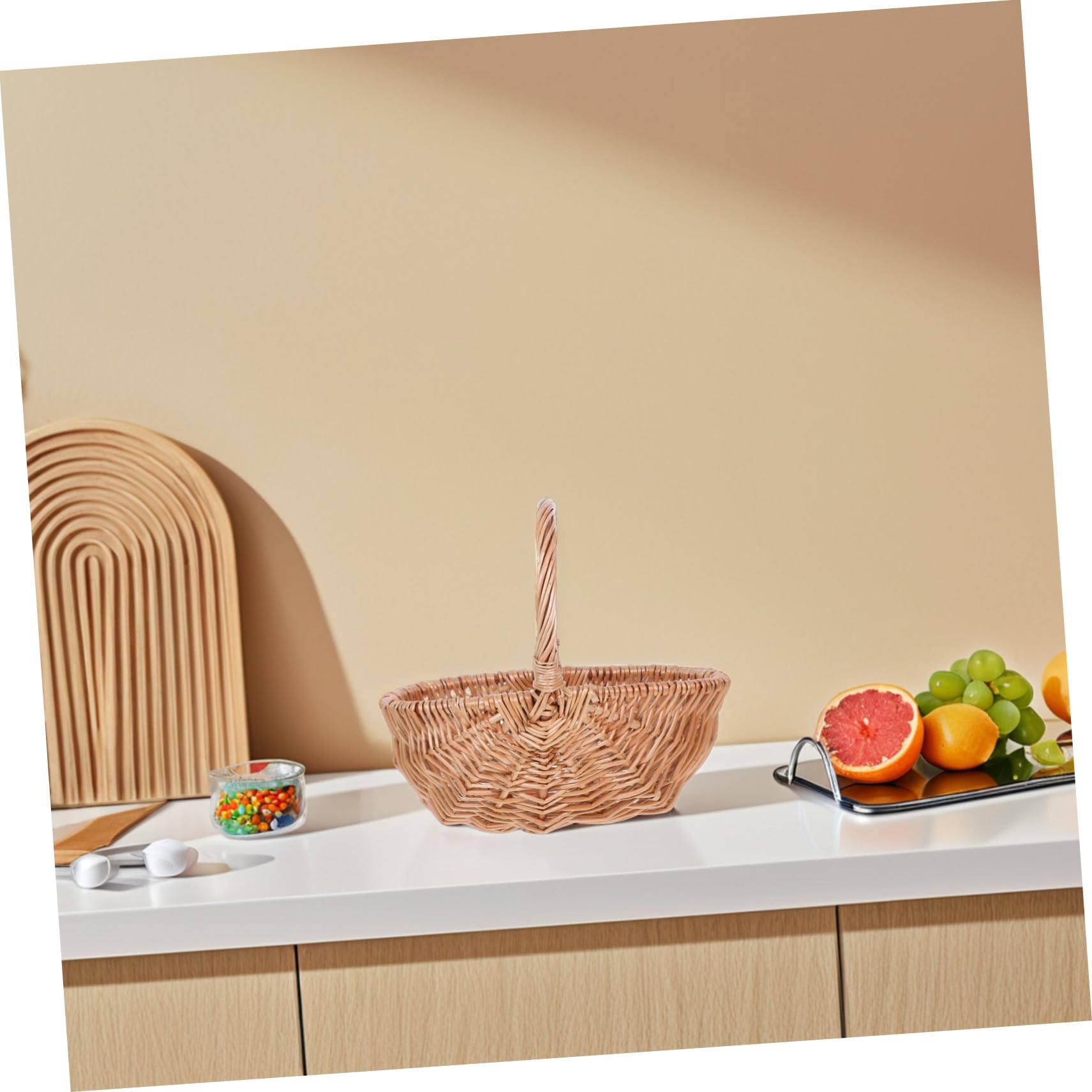 Mipcase Cesta Ovalada de Mimbre Tejida Mano Cesta Pequeña y Ligera para Picnic para Frutas Huevos y Verduras Organizador Portátil para Cocina y Exteriores
