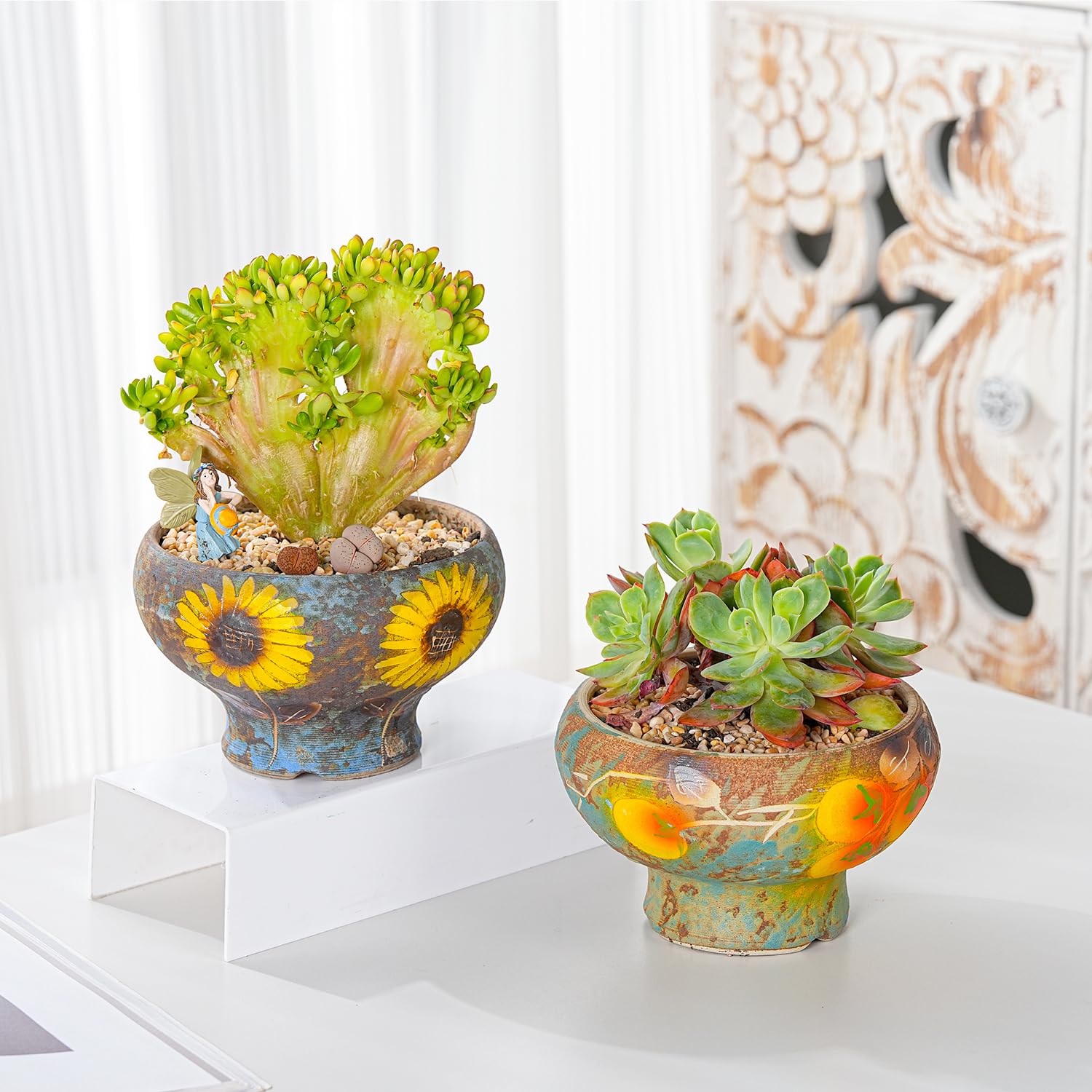 Sungmor Small Succulent Planters Set of 2, Beautiful Hand Crafted Ceramic Plant Pots Cute Cactus Pot, 6.5 Inch Flower Pots for Indoor Plants with