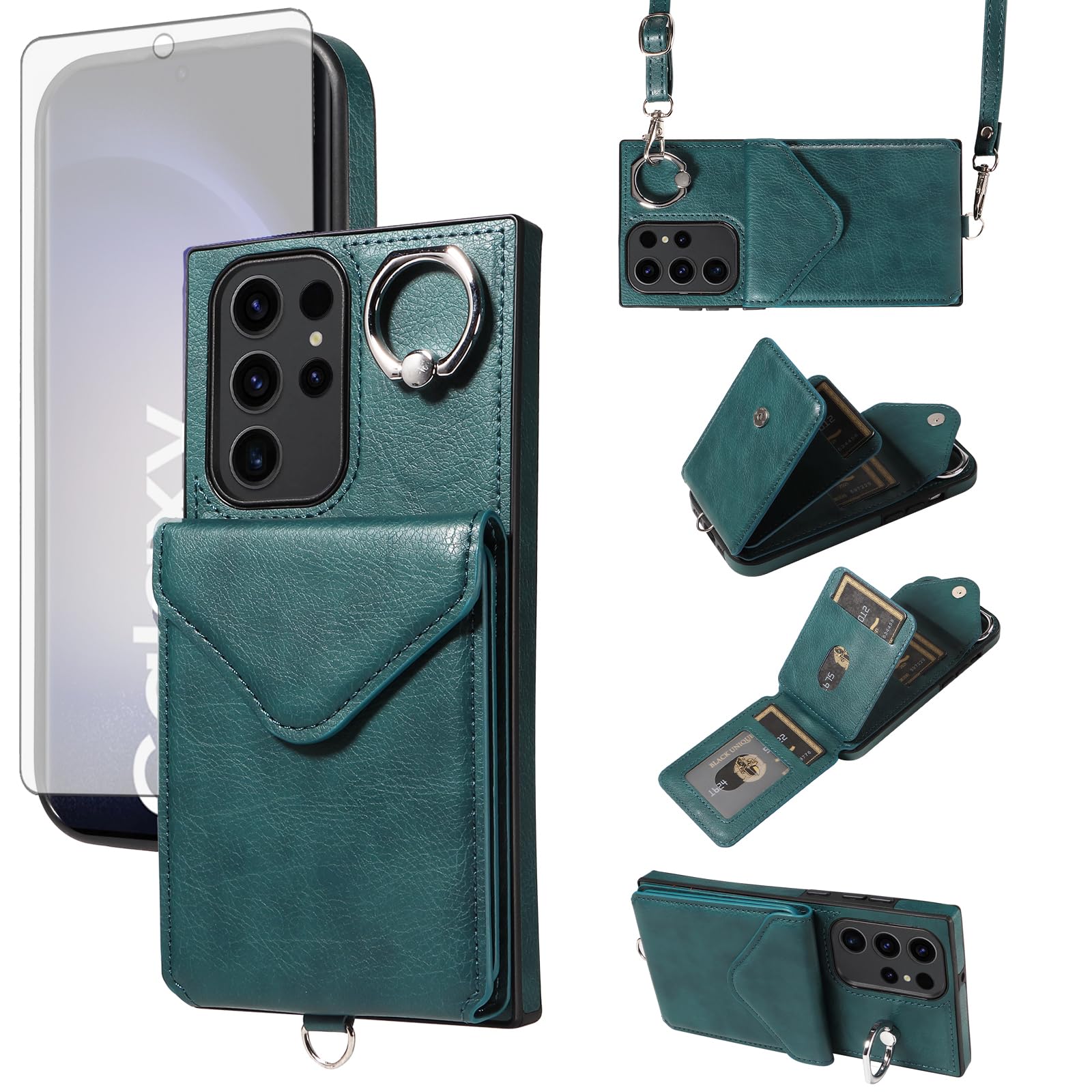 Asuwish Phone Case for Samsung Galaxy S23 Ultra 5G Wallet Cover with Screen Protector and Card Holder Slot Kickstand Ring Cell Accessories Protective