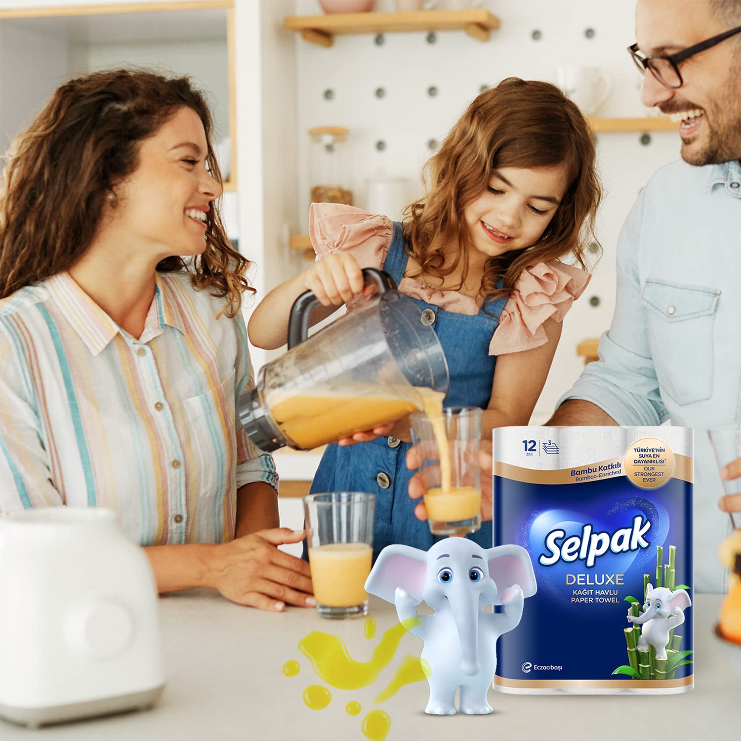 Selpak Deluxe Küchenrolle 3-lagig, 3600 Blatt Feuchtigkeitsbeständige, Papiertücher super saugfähige, wiederverwendbare Bambus-Küchenrolle, Elefant geprägtes Haushaltstücher-Küchenpapier, Handtuchroll