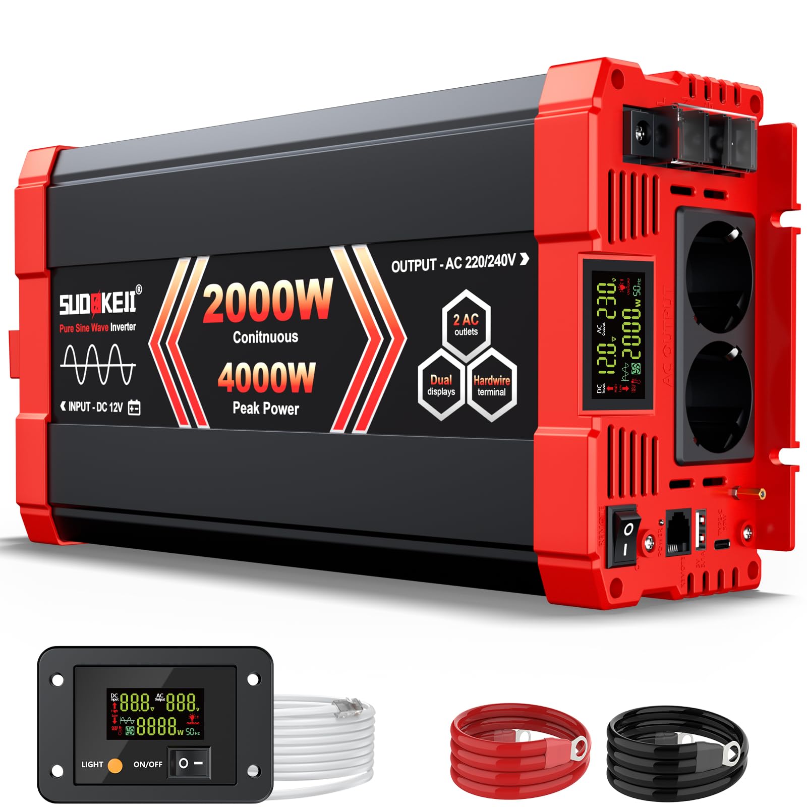 SUDOKEJI 2000W/4000W Wechselrichter Reiner Sinus Spannungswandler 12V auf 230V EU-Steckdose mit LCD Bildschirm und Fernbedienung,USB-Port für Kfz LKW Camping