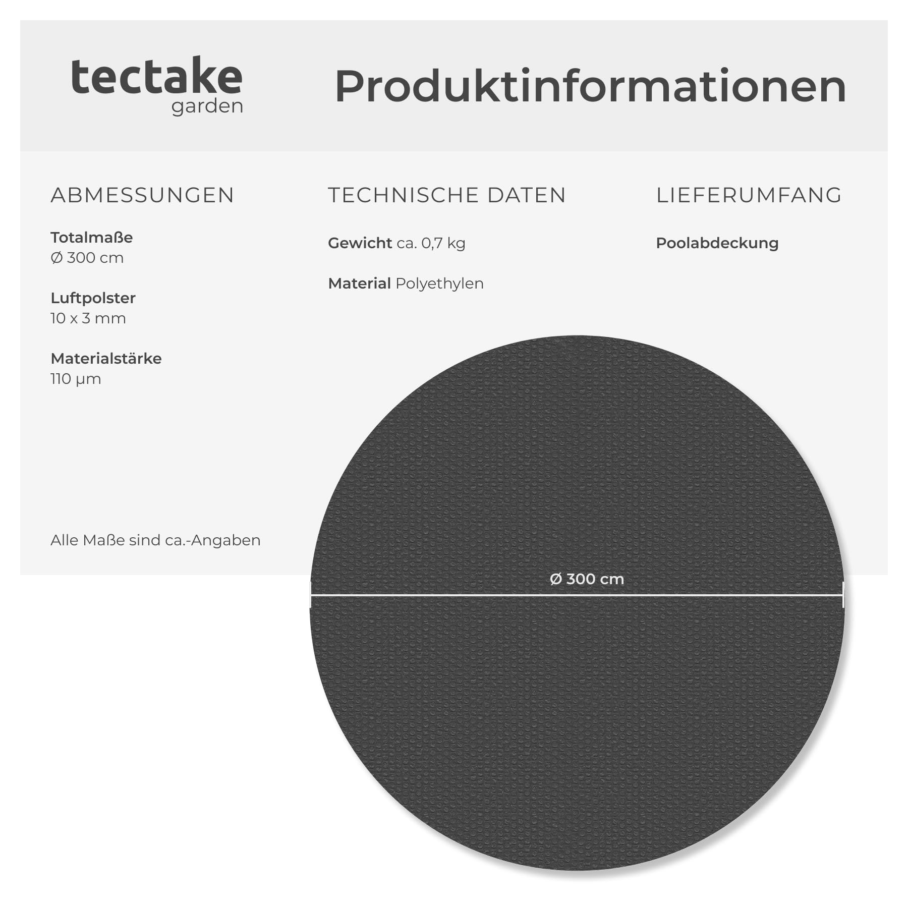 tectake® Poolabdeckung rund Ø 300 cm, 110 µm Stärke, zuschneidbar, selbstschwimmend, schützt Wasser, Solarfolie, Schwimmbadabdeckung, Poolabdeckplane, Poolschutz, Poolabdeckungen - schwarz