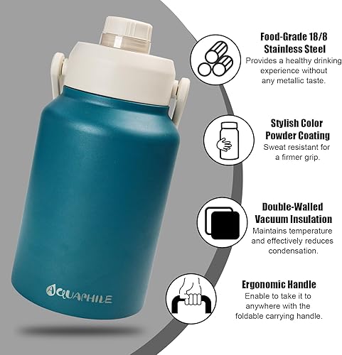Miniatura 2 de Botella de agua de 64 onzas con asa, jarra de agua aislada al vacío de doble pared de medio galón, termo deportivo de viaje a prueba de fugas,