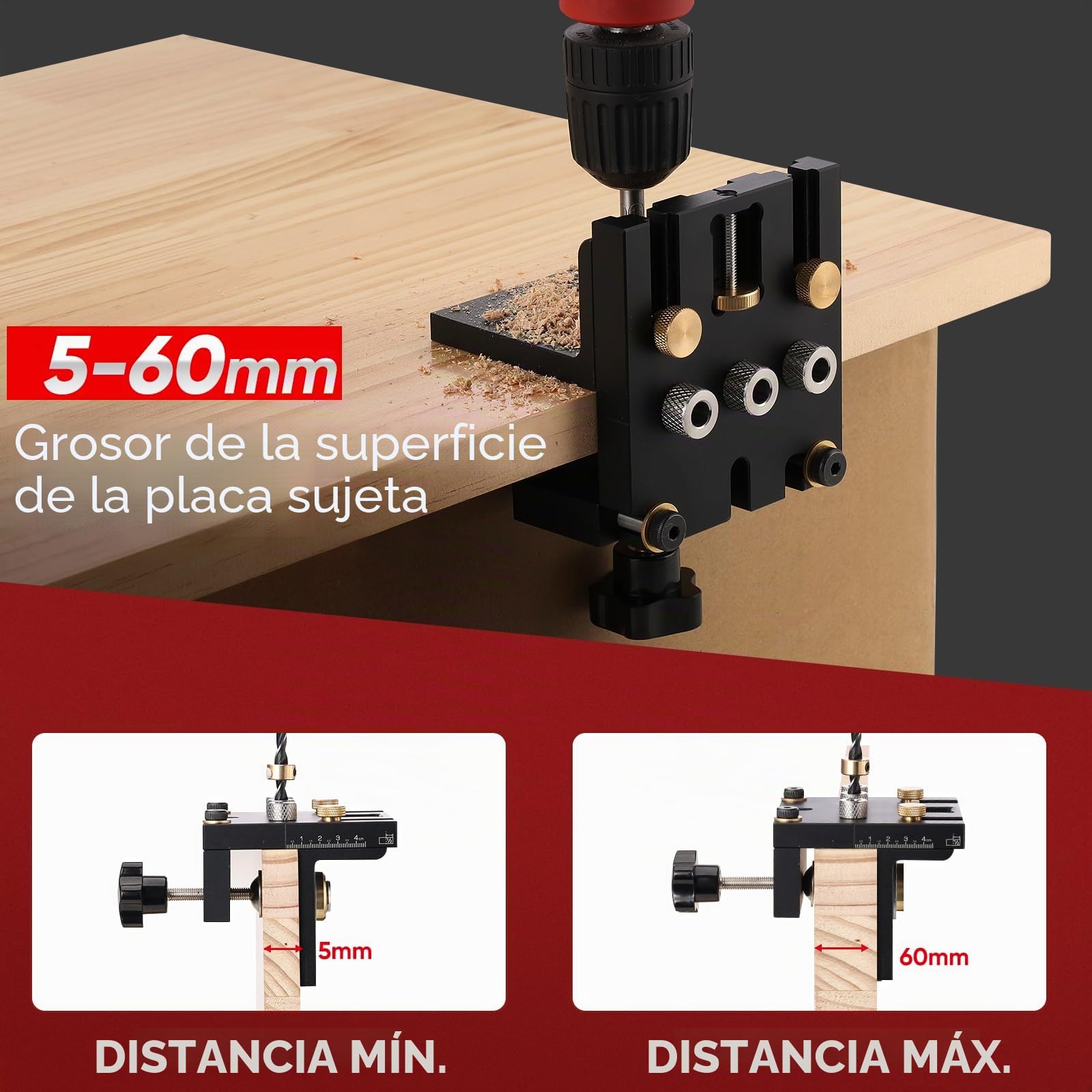 plantilla de perforación para espigas de madera de 6/8/10/15 mm – guía de taladro 3 en 1 para carpintería, orificios de espiga precisos, localizador con clip de posicionamiento, perforadora.