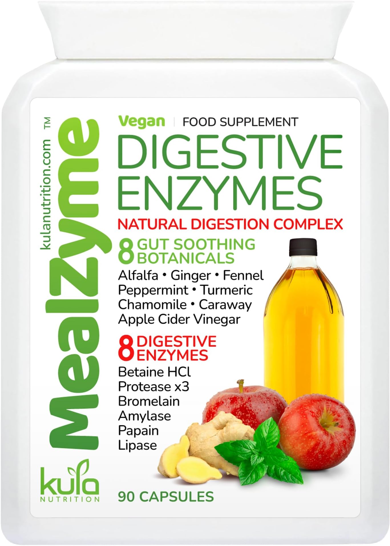MealZyme - Digestive Enzyme Supplement - 8 Plant Based Complex with Bromelain, Betain HCL, Amylase, Protease, Lipase, Papain and Peppermint for Fast Indigestion and Bloating Relief - 90 Vegan Capsules
