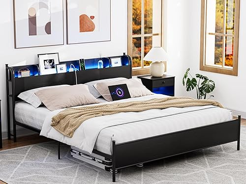Miniatura 16 de IKIFLY Base de cama tamaño King con cabecera de estante de almacenamiento y estación de carga, cama de plataforma industrial de metal King con luces