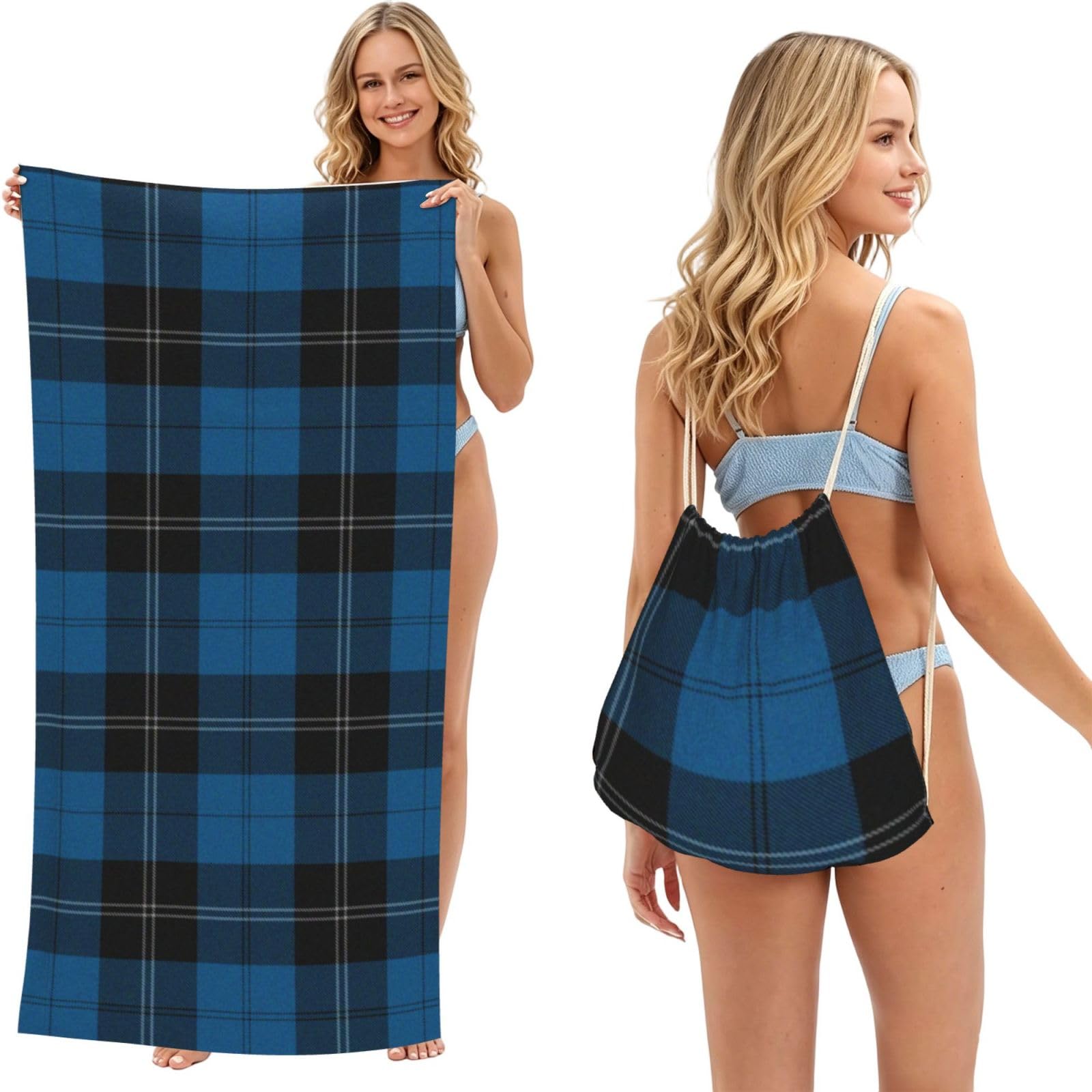 Poadnly As Picture Scottish Tartan Plaid Blue, 2 In 1 Packable Towel Bag, Beach Towels With Drawstring Backpack For Travel Holiday Camping