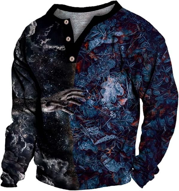 Mens Casual Button Down Long Sleeve Henley T-Shirts Western Aztec Print Retro V Neck Casual Blouse Tops Gym Workout Muscle Shirts