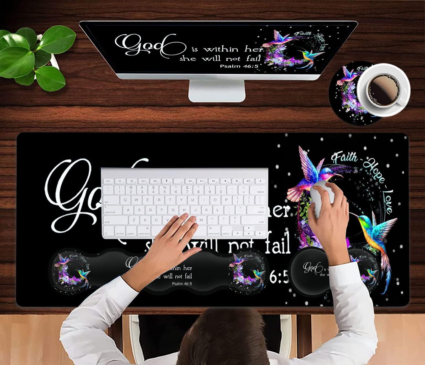 Hummingbird & Flowers Black Gaming Mouse Pad Set - Large Desk Mat With Memory Foam Keyboard Wrist Support - Ergonomic Wrist Rest For Easy Typing