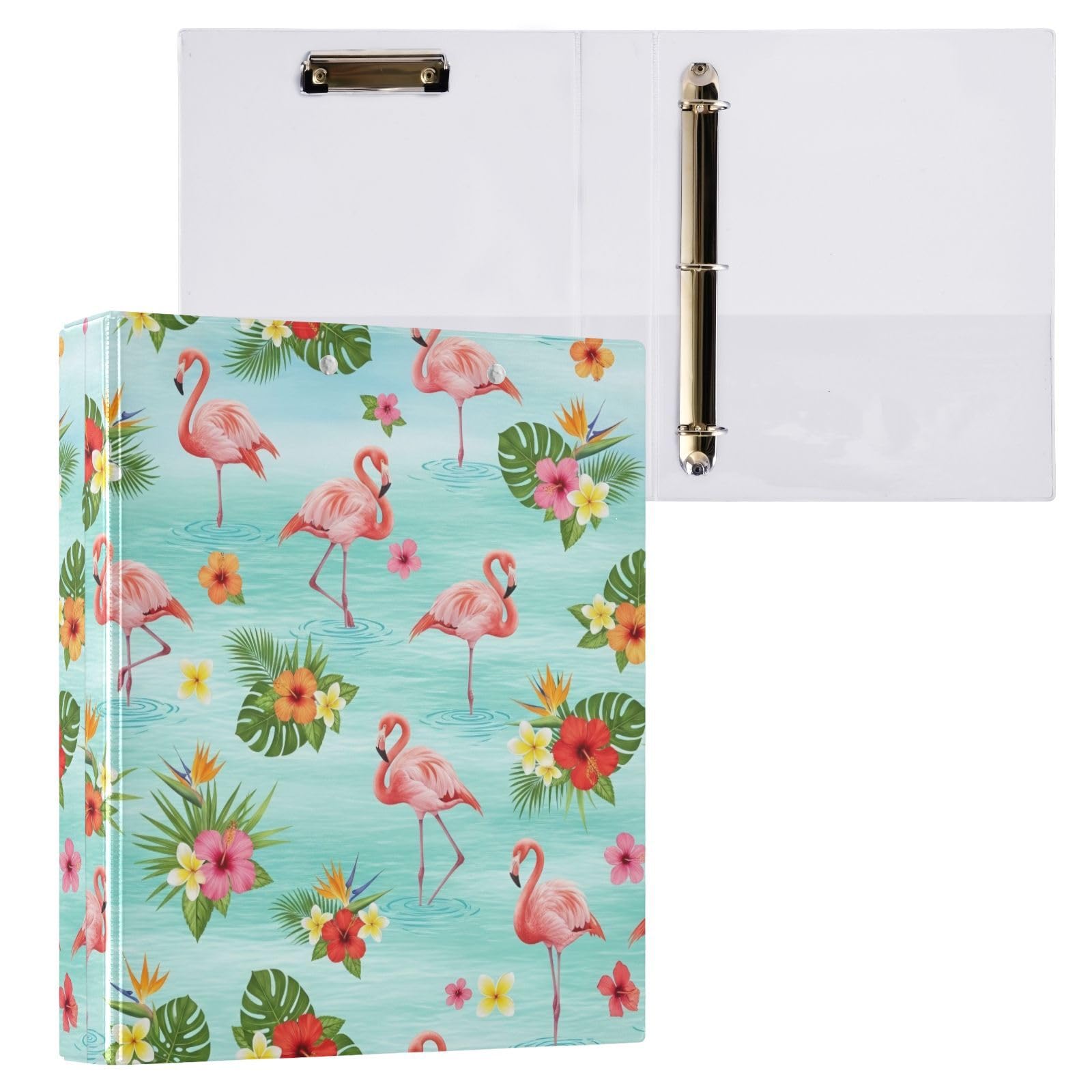 Raccoglitore ad anelli a D con 3 anelli, motivo fiori tropicali, fenicotteri rosa, verde, con portablocco grande, 3 raccoglitori per scuola, università, ufficio (confezione da 2)