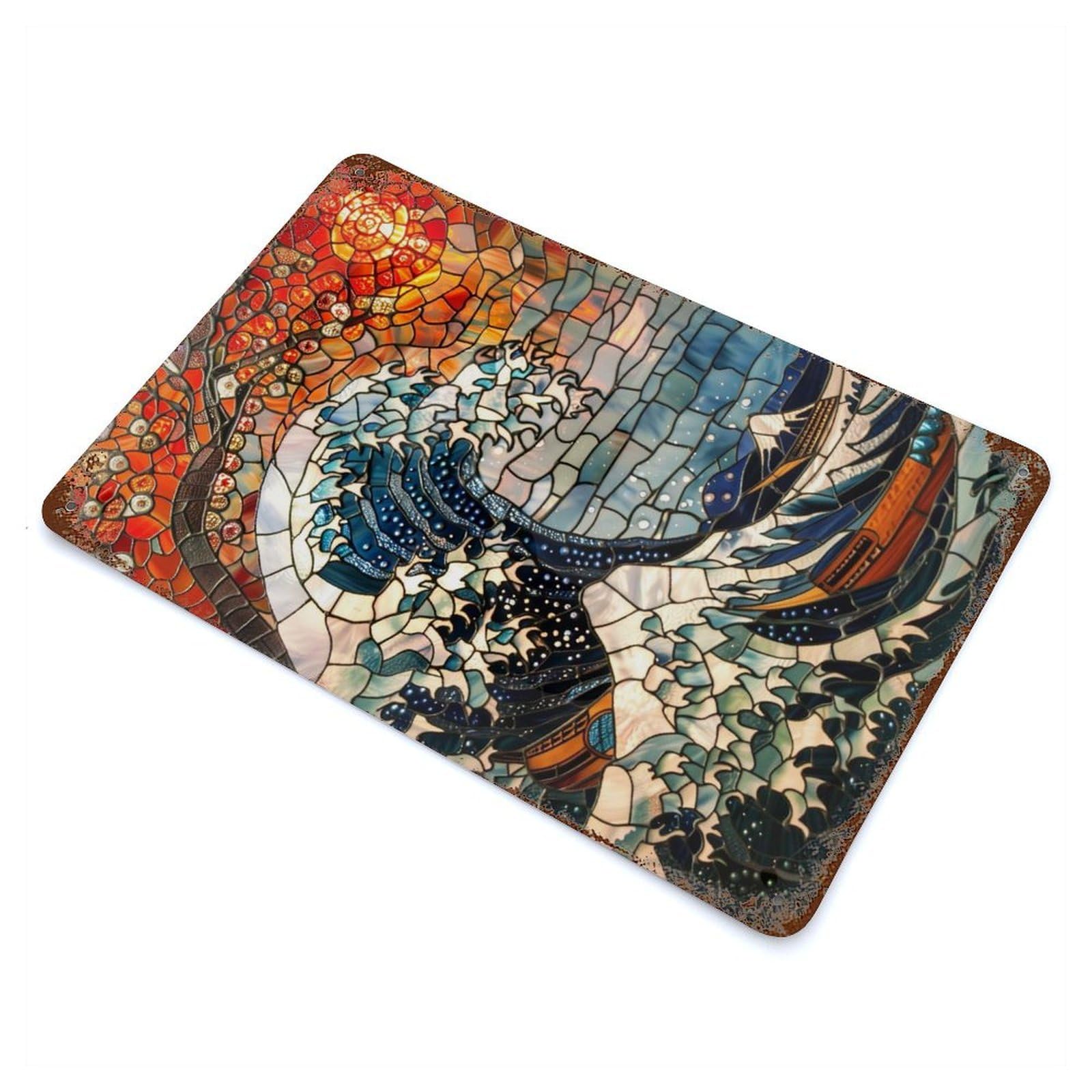 Decorative Tin Sign Kanagawa Stained Glass Art 11.8"x7.9", Decorative Metal Wall Art for Garage, Bar And Workshop Decor