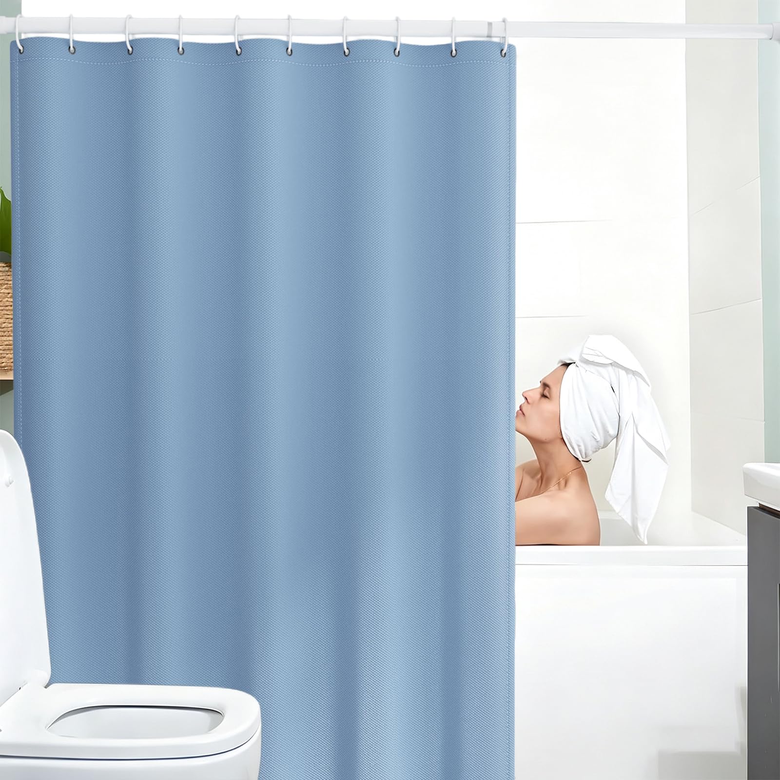 Cortina de Ducha de Tela 270 x 70 cm Cortina de Ducha Resistente Al Moho - Antimoho, Impermeable, Lavable, de Poliéster con Ojales y Anillos, para Baño, Bañera, Azul Claro