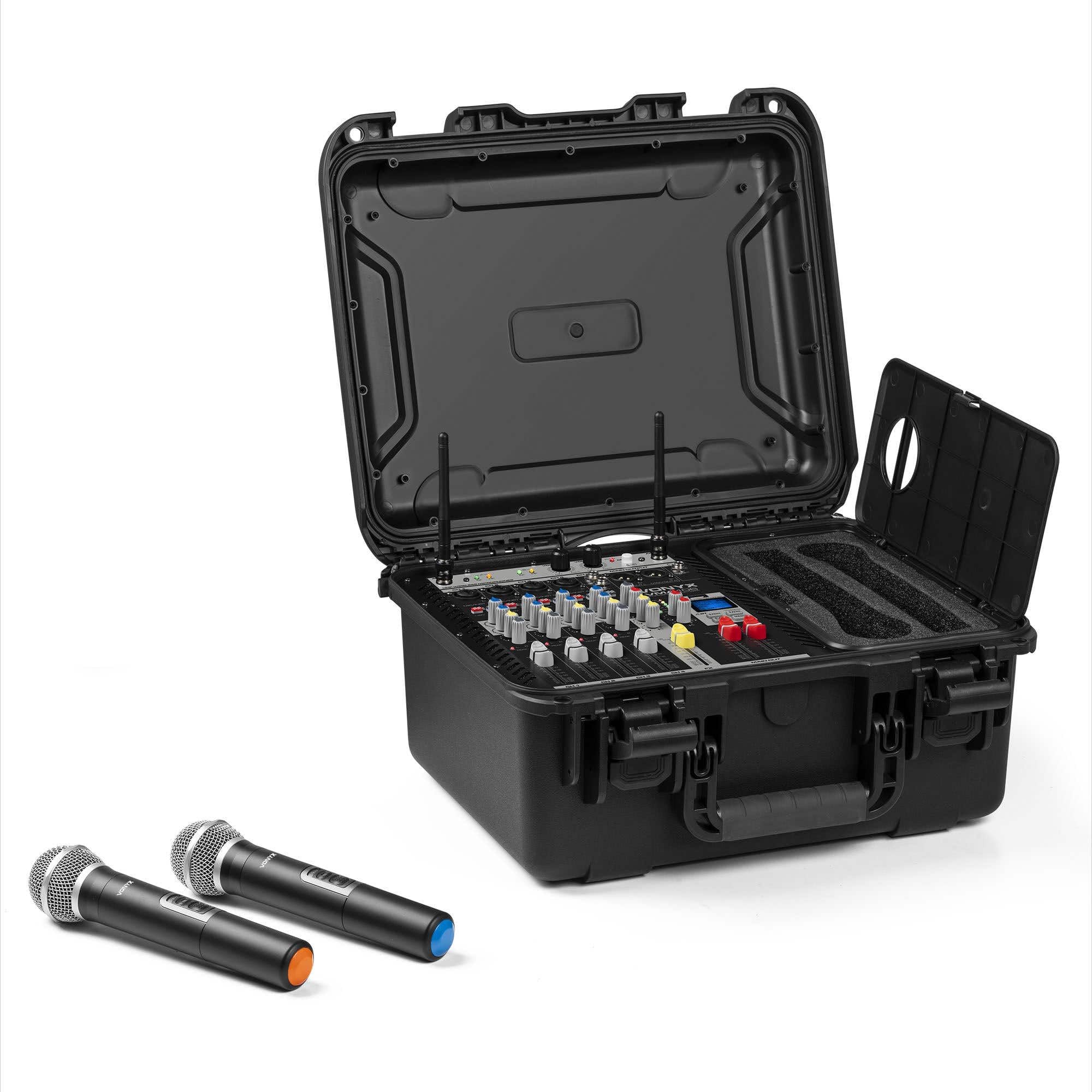 Vonyx VMA106 Table de Mixage et Micros UHF 6 Canaux avec Amplificateur - 2x600 Watts, Bluetooth, Lecteur MP3 USB, Égaliseur 2 Bandes, Flightcase ABS Portable
