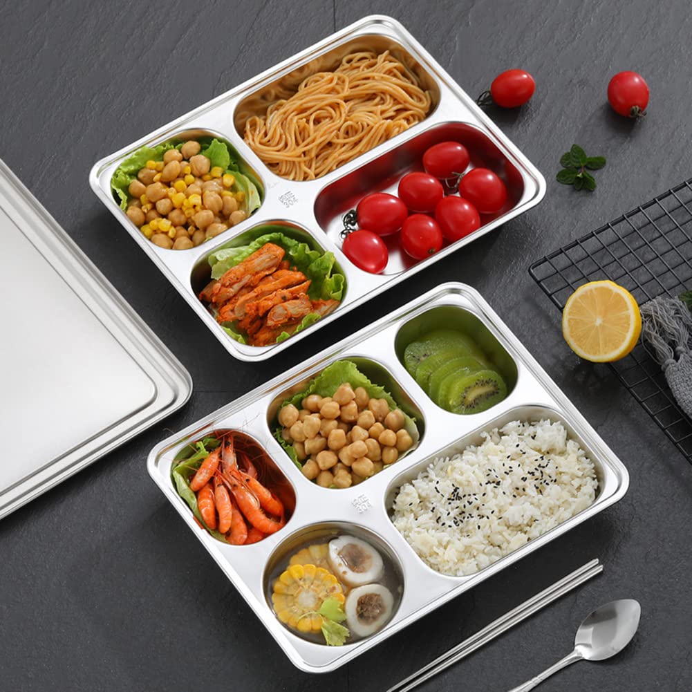 Rectangular Dividido Platos De Comida Bandeja Paquete De 100, 4 Secciones /5 Secciones Acero Inoxidable Fuente De Servicio De Metal Para Adultos, Niños, Campistas Y Control De Porciones,5 Sections