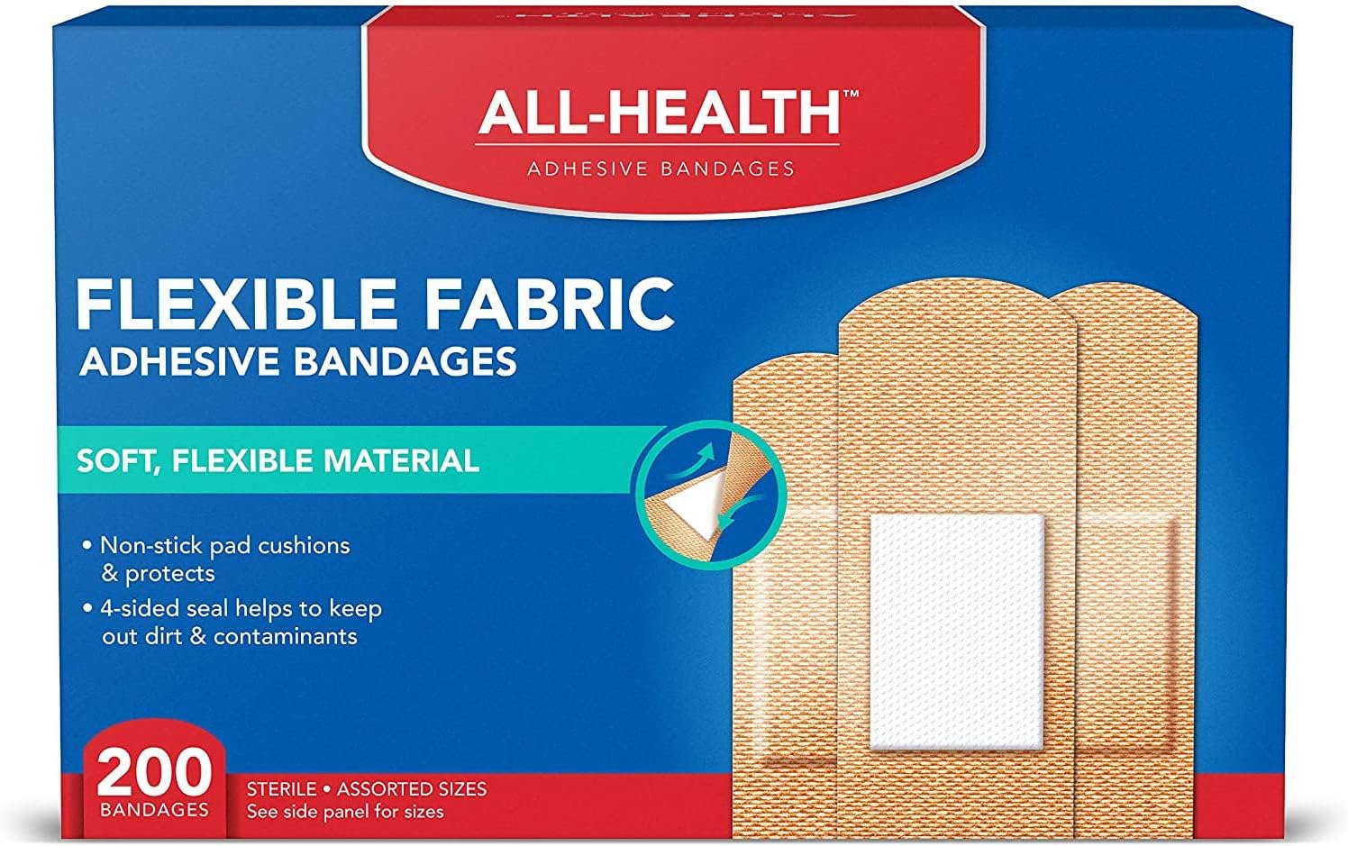 All Health Adhesive Fabric Bandages, 200 Count Assorted Sizes | Soft, Flexible Material | Protection for First Aid and Wound Care