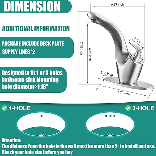Miniatura 2 de Grifo de lavabo de baño, moderno grifo de baño de níquel cepillado, grifo de baño de latón macizo de una sola manija para fregadero de 1 agujero,