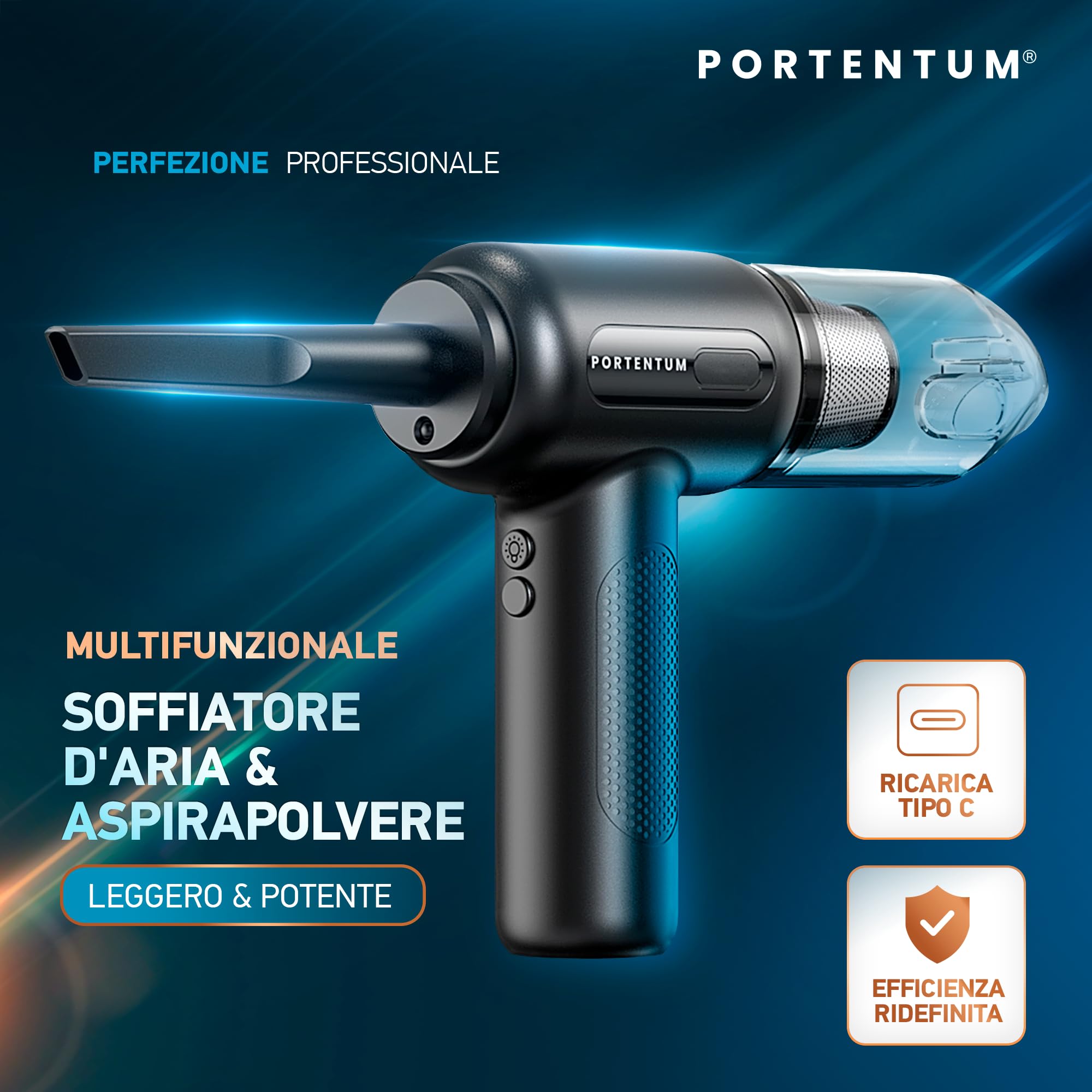 PORTENTUM® 2 in 1 Aspirapolvere Senza Fili et Aria Compressa - Batteria, 3 Velocità e Luce a LED - Aspirapolvere auto, Tastiera, PC, Casa, Auto