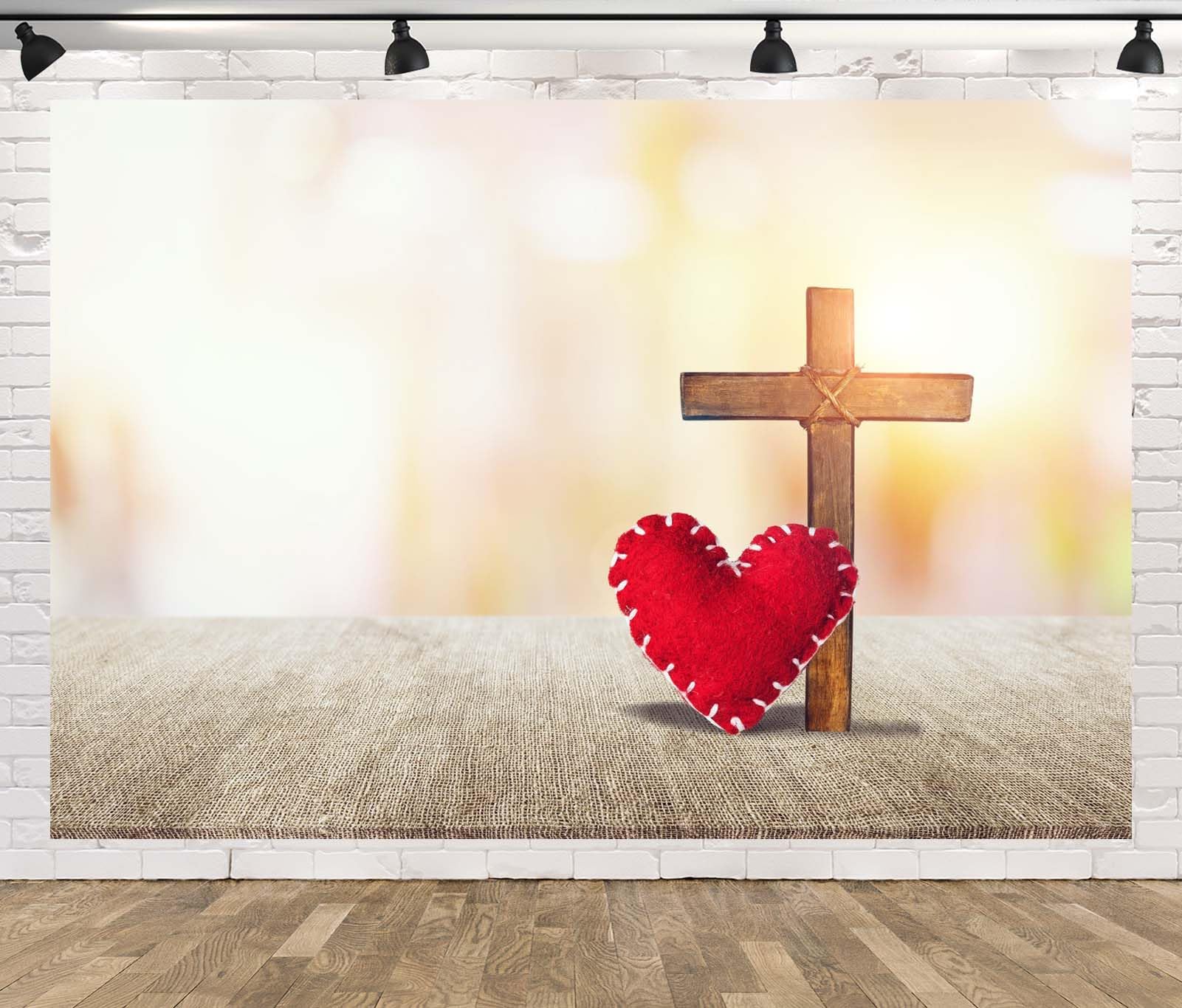 BELECO 3.6x3m Telo sfondo croce di legno e cuore | San Valentino cristiano cuori rossi croce Gesù luce sacra sfondo fede chiesa decorazione festa accessori foto