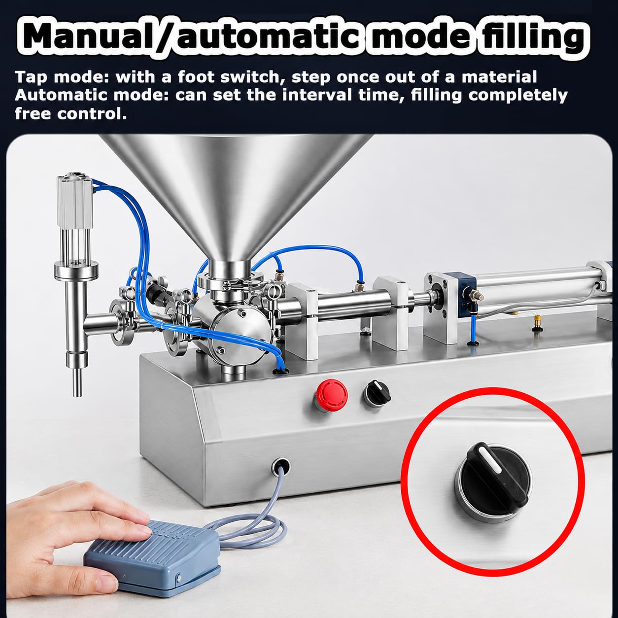 Pneumatischer Flüssigpastenfüller mit Edelstahl-Trichter für effiziente Dosierung, ideal für den privaten und gewerblichen Gebrauch, kompatibel mit manueller Bedienung