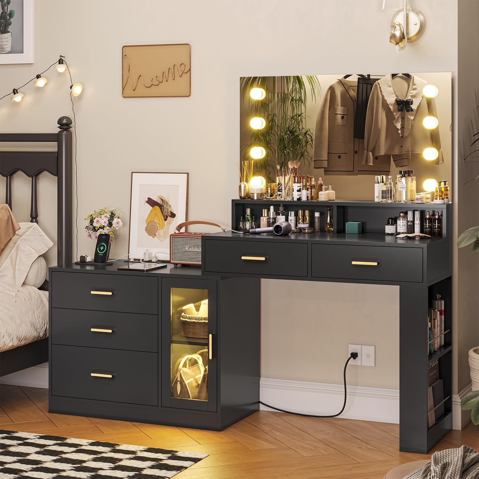 VIAGDO Vanity Desk with Large Lighted Mirror & Power Outlet, Makeup Vanity with 3-Color Lights, Black Makeup Table Desk Dressing Table with Drawers & Cabinet, Side Leg Storage Shelves
