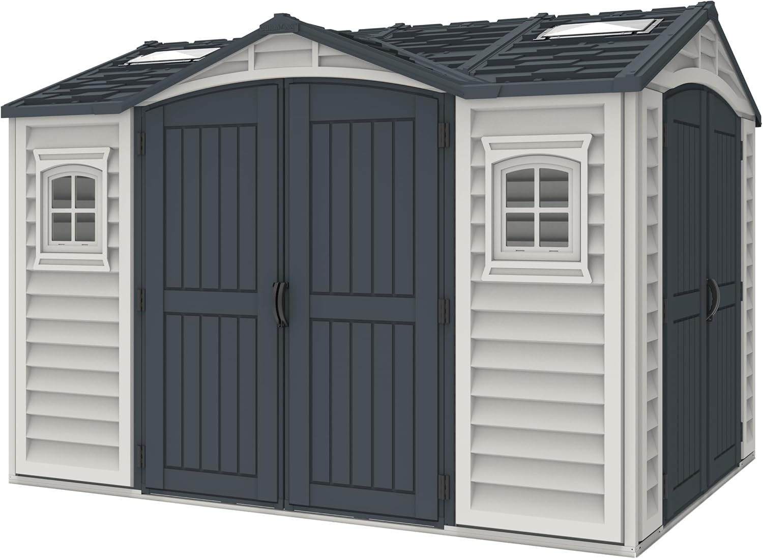 DURAMAX 10.5 x 8 Apex Pro Shed with Foundation, 2 Windows & Side Door, Black, Vinyl & Galvanized Steel