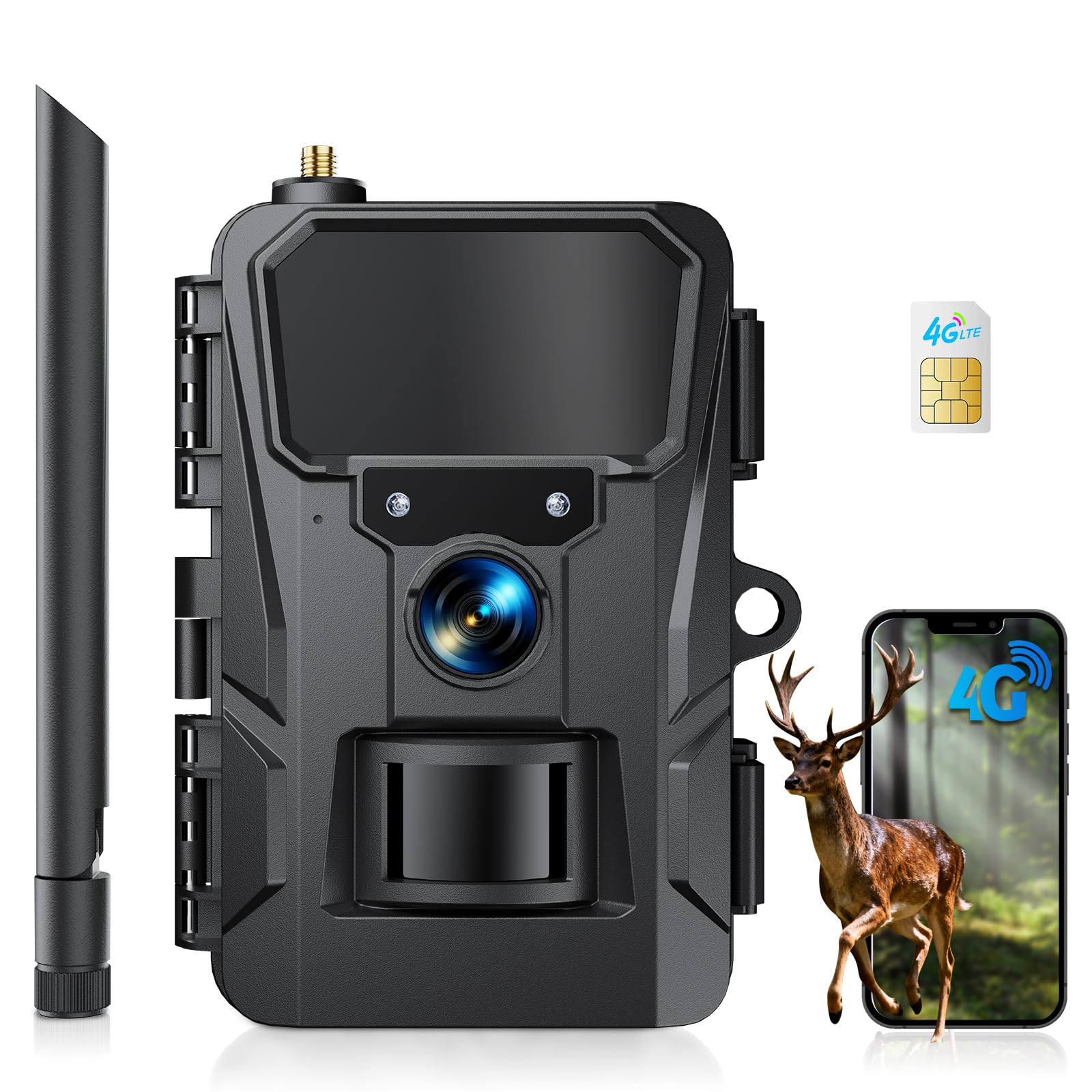 Wolfang Black 4G Lte Cellular Wildlife Camera, Connect Nationwide 4G Lte, 2K 48Mp Cellular Trail Camera With App Control, Super Night Vision, 2'Tft Display, 0.2S Trigger, Motion Activated,