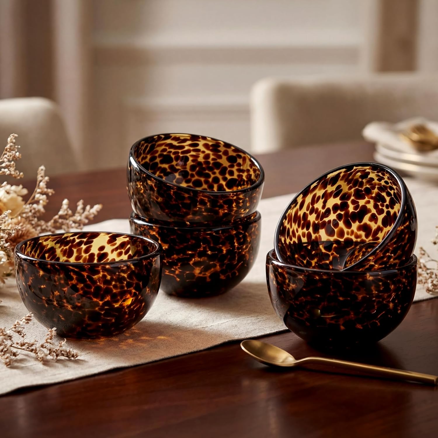 4 Pcs Tortoise Shell Pattern Bowls Brown 4 Inch Tortoise Leopard Print Glass Bowl for Kitchen Serveware and Accessories Small Bowls for Bouillon Dishes Dessert Fruit