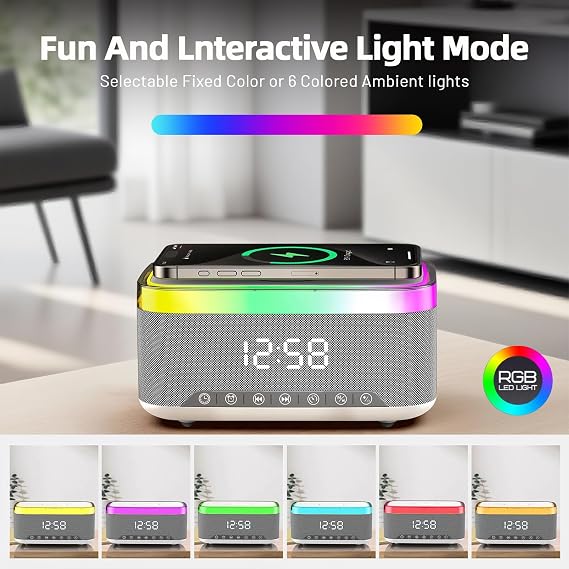 Bluetooth Speaker with Wireless Charging & Digital Clock, LED Display, 15W Qi Charging Station, 2x10W Speakers, 6 Ambient Lights, BT5.3/AUX/TF/USB, for Home, Bedside, Travel, Birthday Presen (White)