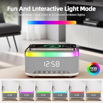 Bluetooth Speaker with Wireless Charging & Digital Clock, LED Display, 15W Qi Charging Station, 2x10W Speakers, 6 Ambient Lights, BT5.3/AUX/TF/USB, for Home, Bedside, Travel, Birthday Presen (White)
