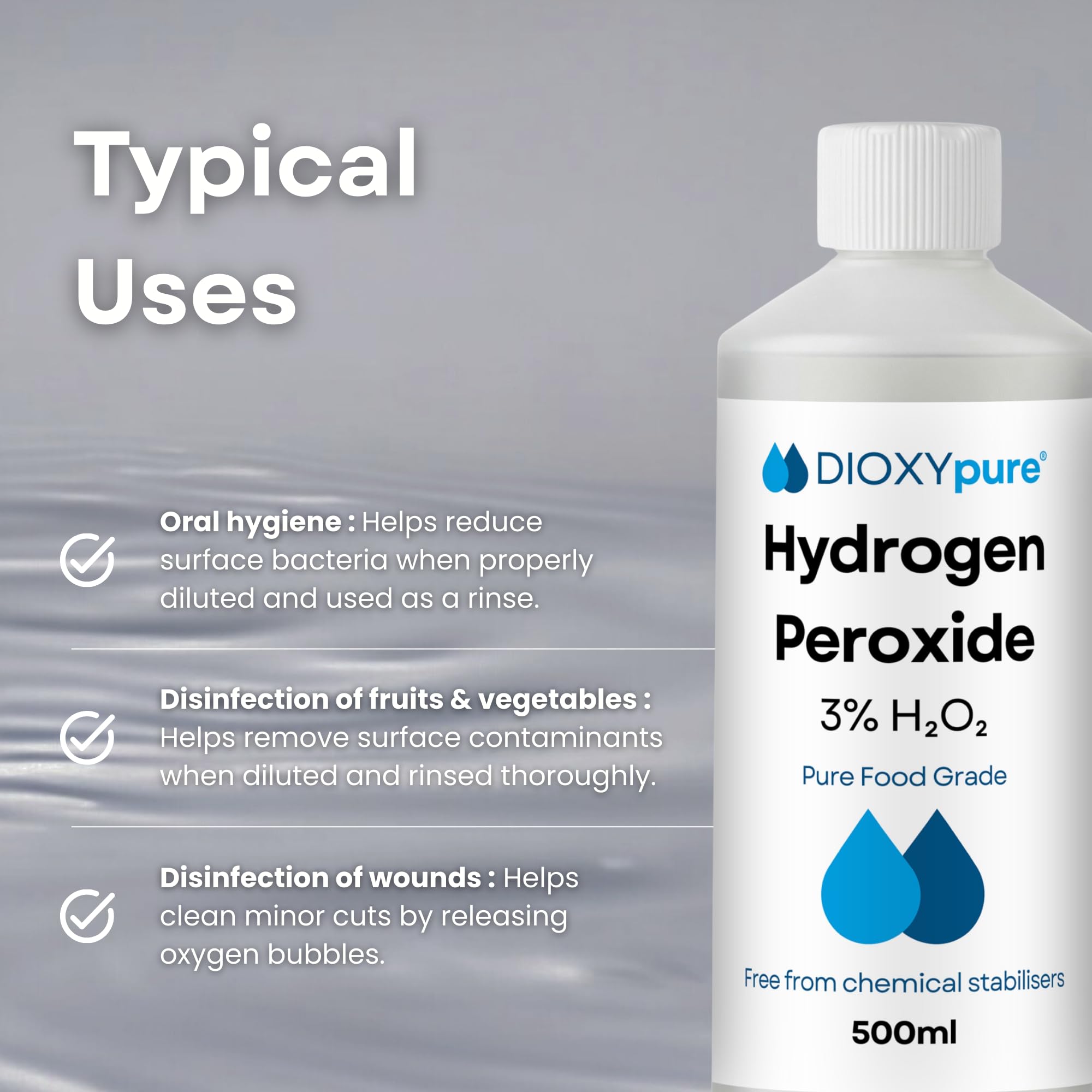 Peroxyde d'hydrogène de qualité alimentaire 3% - 500 ml - H2O2 - Eau oxygénée - Sans stabilisateurs ni additifs - Nettoyant naturel multi-usage - Bouchon sécurité enfant