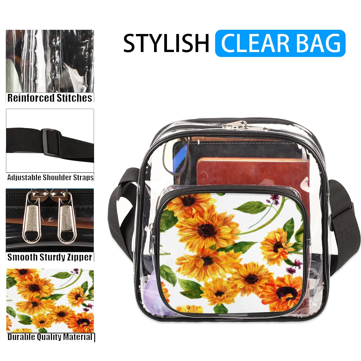 bisibuy Watercolour Sunflowers Clear Crossbody Bag Clear Messenger Bag Shoulder Bags Clear Purse Stadium Approved for Concerts Sports Events Work Travel