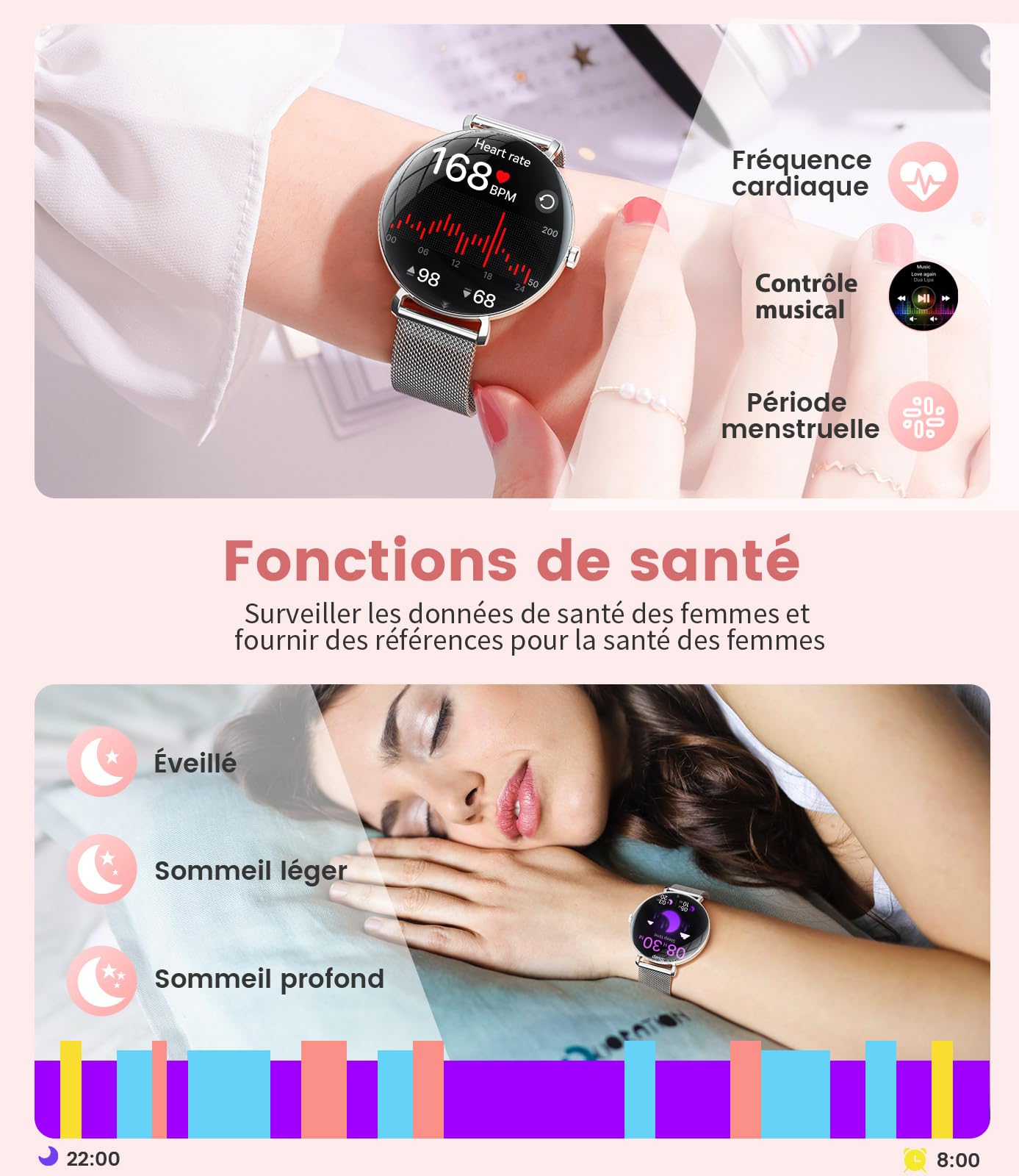 Montre Connectée Femme avec Appel Bluetooth, 1.43" HD AMOLED Smartwatch pour Android iOS, Santé Au Féminin, Montre de Fitness 100+ Modes Sportifs, Sommeil, Fréquence Cardiaque, Podometre Calories,IP68