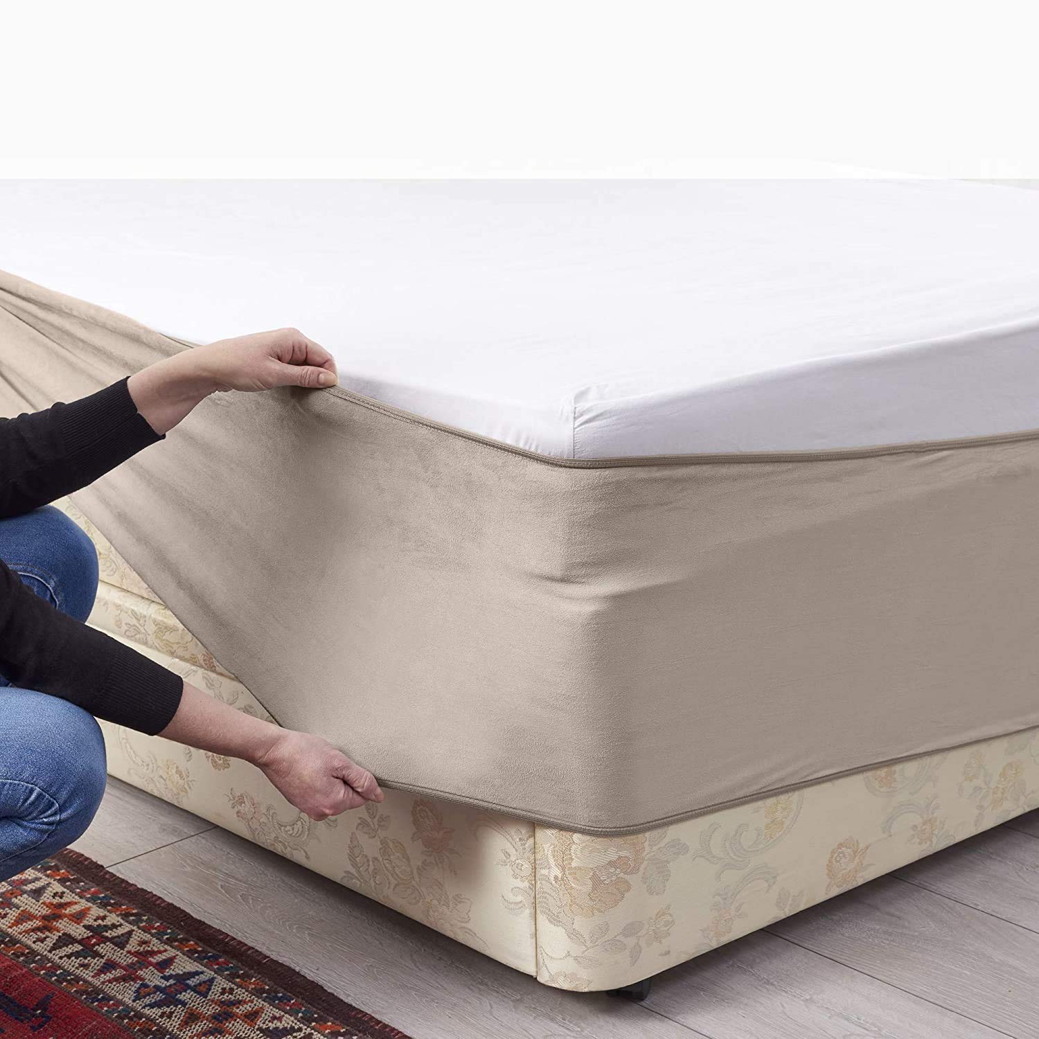 Bed Wrap FAUX SUEDE Divan Bed Base Wrap Valance Sheet COVER Alternative to Traditional Valance Sheet Fully Elasticated Skirt Easy To Fit - Wraps Itself Around The Base Of Your Bed Frame (Beige, King)