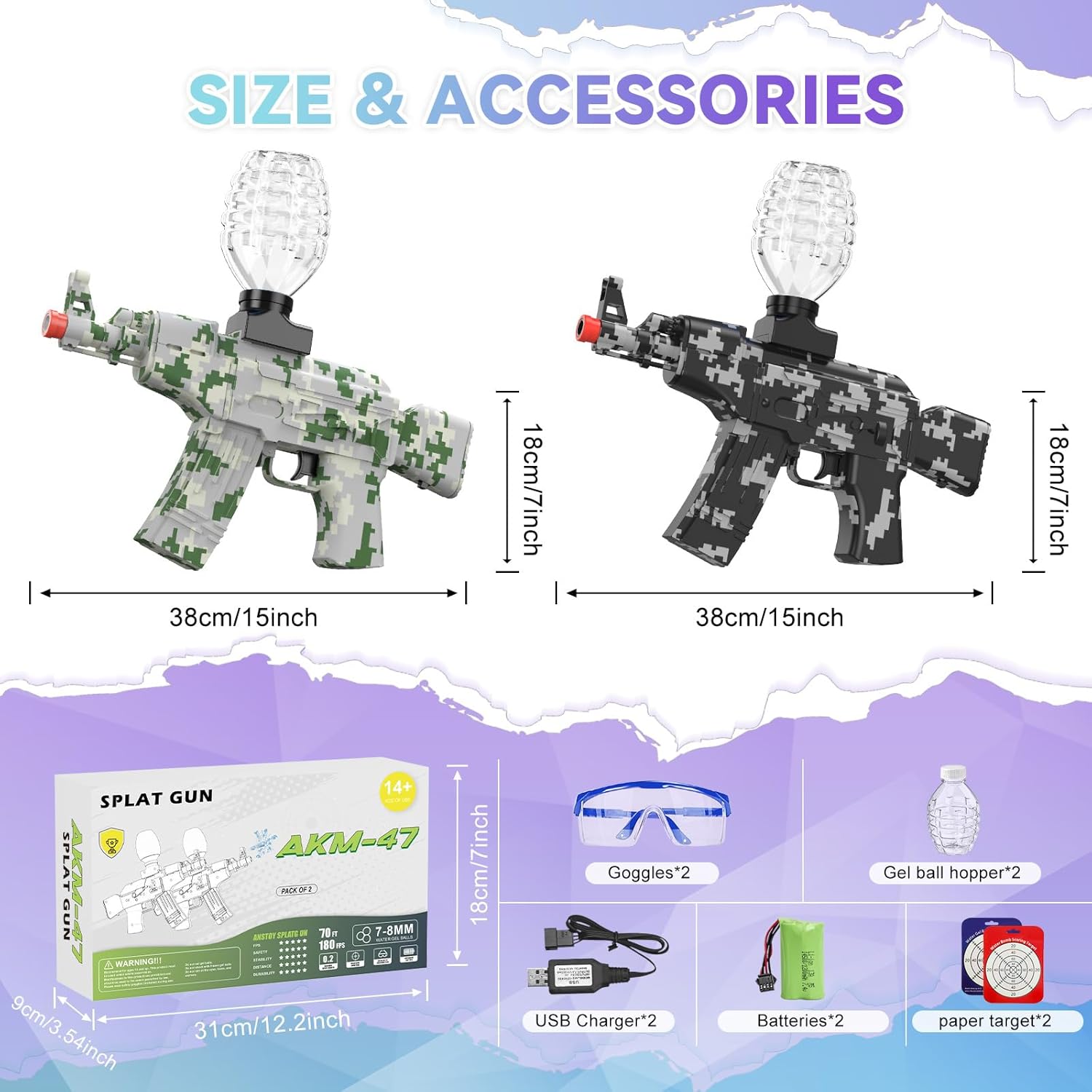 AKM-47 Electric Gel Ball Blaster Gun 2 Pack – Automatic Splat Guns with High-Power Firing, Ideal for Backyard Battles, Team Competitions & Outdoor Shooting Games, Ages 14+