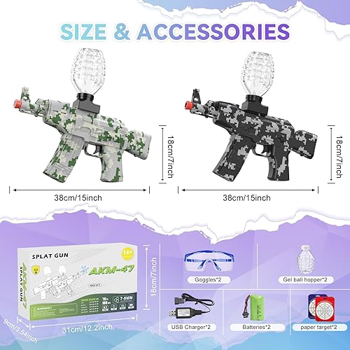 Miniatura 6 de AKM-47 Pistola eléctrica de bolas de gel, paquete de 2 pistolas de salpicaduras automáticas con disparo de alta potencia, ideal para batallas en el