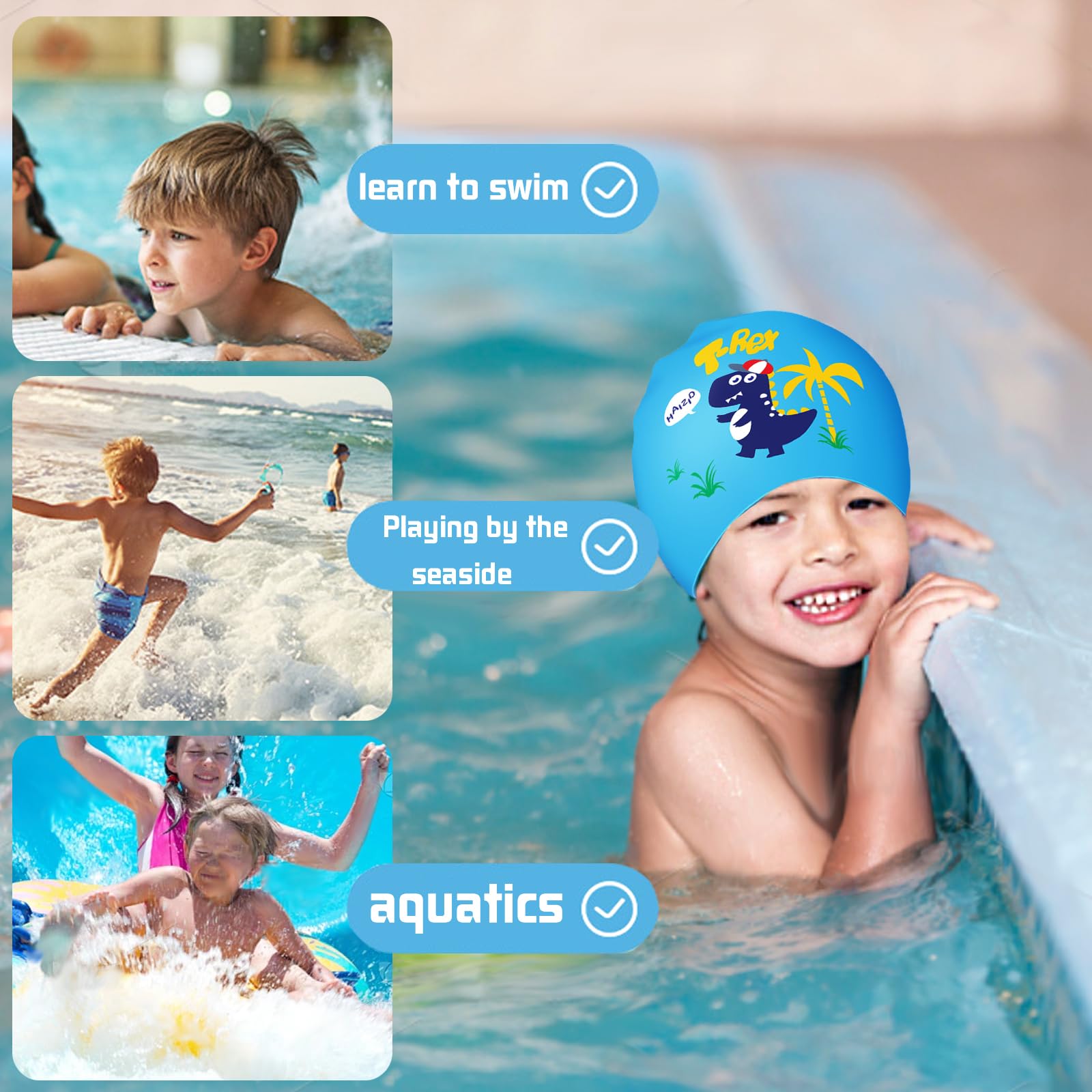 Lot De 3 Bonnets De Bain PU Pour Enfants 5-14 Ans – Motifs Dinosaure, Astronaute, Sirène – Imperméable Et élastique