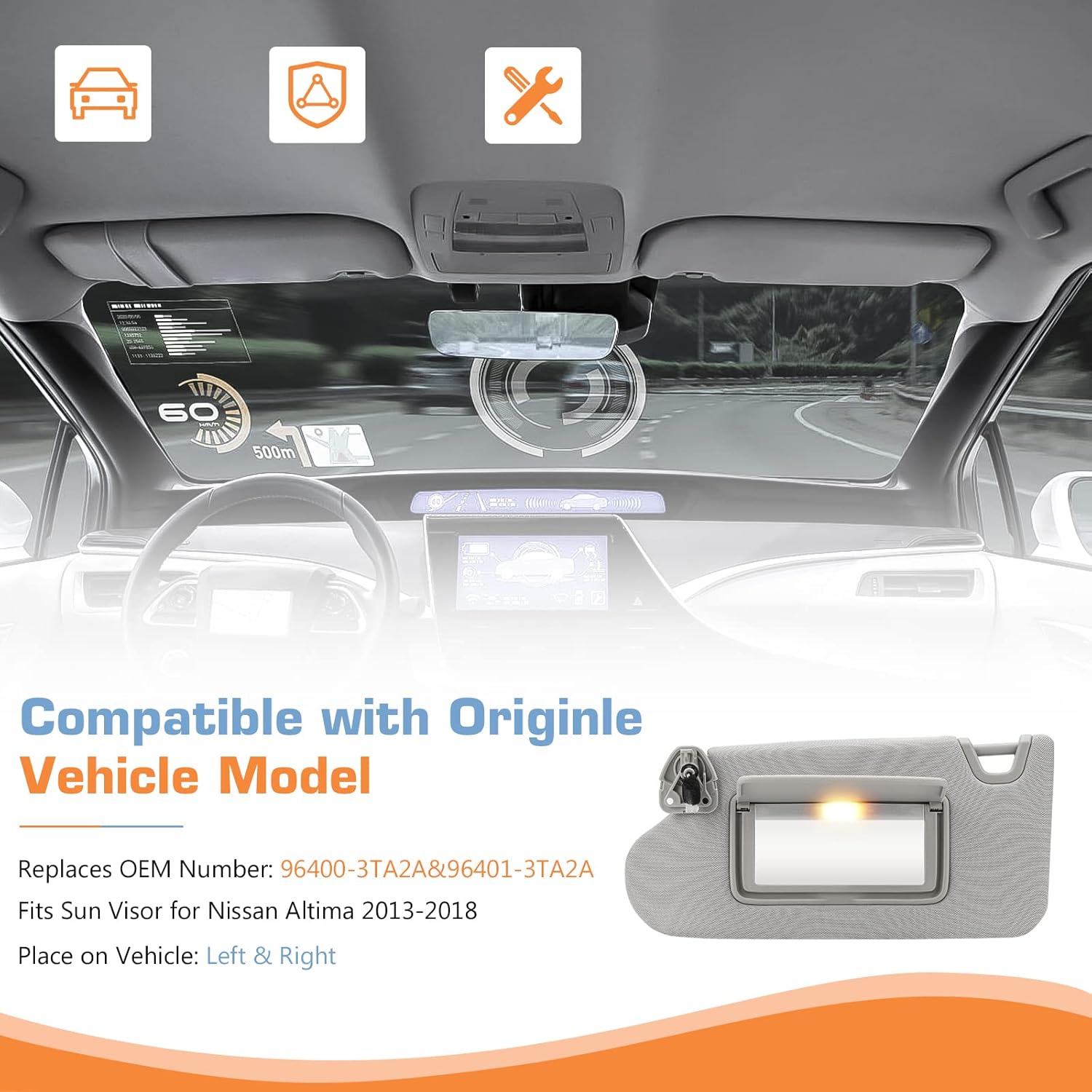 Left Driver & Right Passenger Side Sun Visor with Light for Nissan Altima 2013 2014 2015 2016 2017 2018 Without Sunroof, Replacement 96401-3TA2A, 96400-3TA2A,1 Pair,Gray