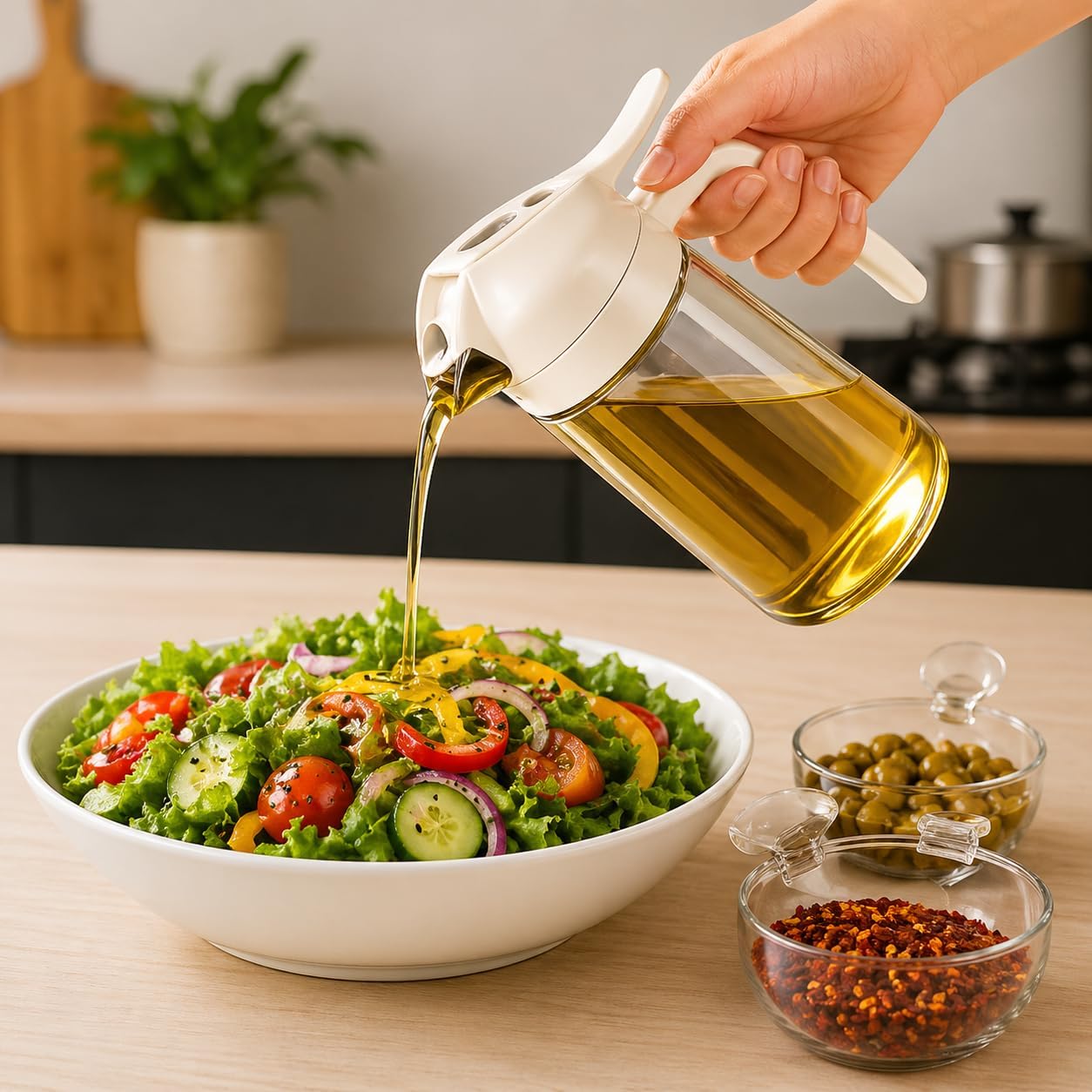 LIMPOPO Oil Sprayer for Cooking 16oz/470ml, Glass Olive Oil Dispenser Bottle, 2-in-1 Spray Mist & Stream Container for Air Fryer, Salad, BBQ, Baking & Grilling (White)