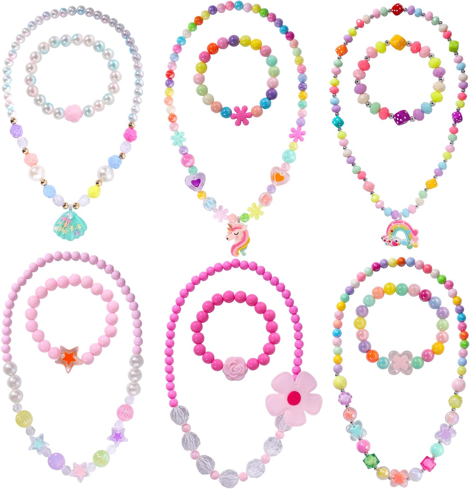 PinkSheepPinkSheep Mermaid Heart Unicorn Jewelry for Littler Girl, 6 Pack Toddler Beaded Necklace Bracelets, Pearl Jewelry Sets, Colorful Beaded Necklace Bracelet Stretchy Chunky Costume Jewelry Present Toy