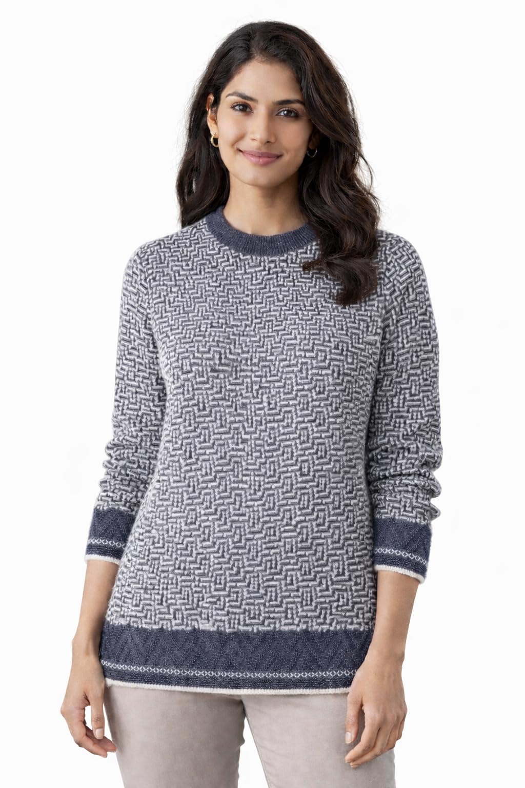 Women's Winter Woolen Knitted Top, Geometric Pattern Sweater with Crew Neck and Long Sleeves, Grey and White-image-7