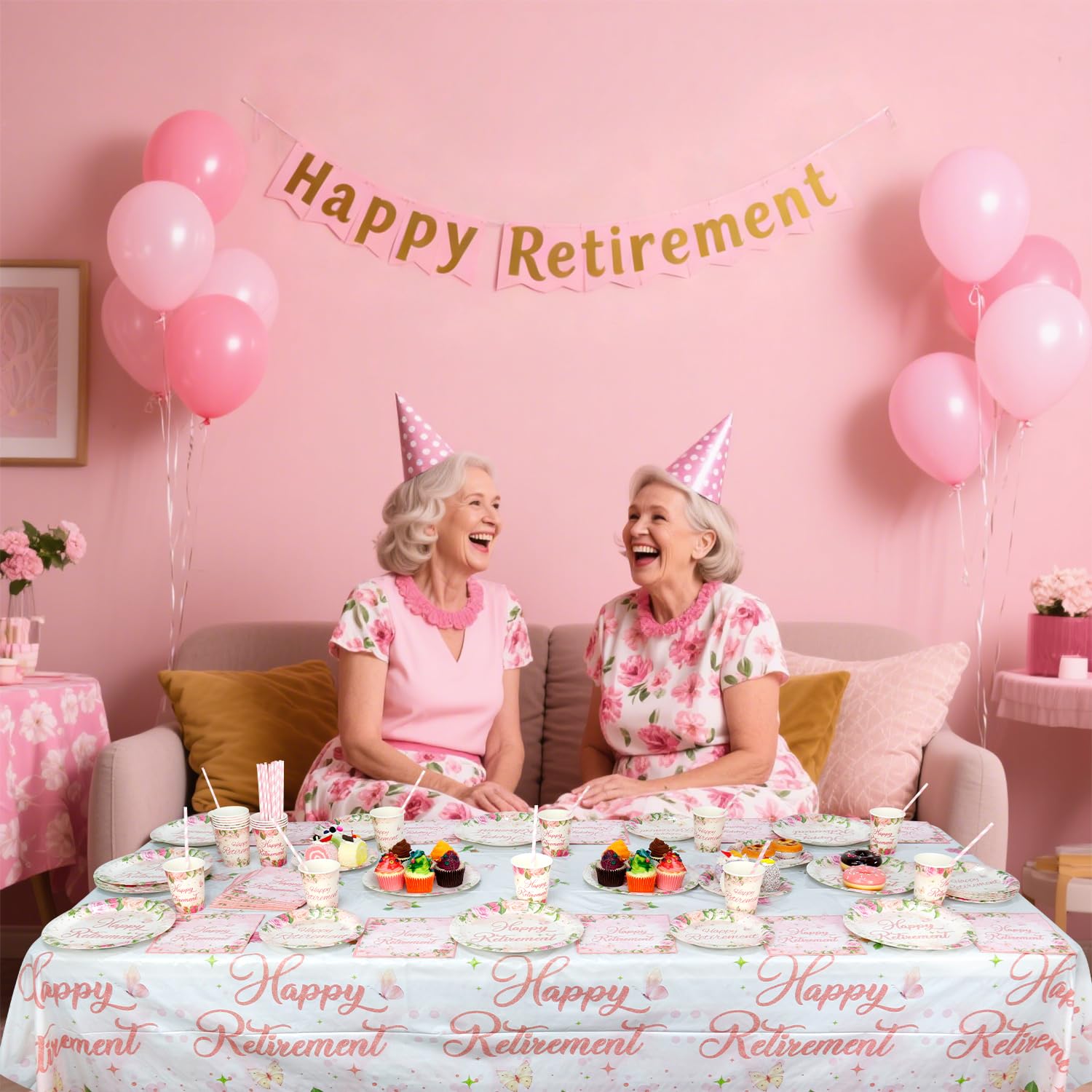 Set di decorazioni floreali per festa di pensionamento – Accessori per feste di pensionamento rosa, inclusi piatti, bicchieri, tovaglioli, tovaglia, cannucce – per 20 persone