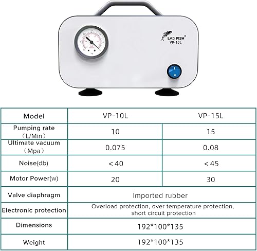 Miniatura 6 de LAB FISH Bomba de vacío de laboratorio portátil sin aceite de diafragma de laboratorio de filtración de vacío 10L/min con tubo de goma, 110V-220V