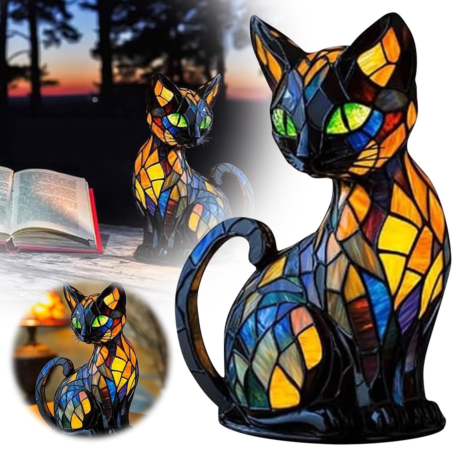 Stained Glass Lamp,Cat Lamp Animal Vintage Stained Glass Lamps,Animal Series Art Night Light Resin Tabletop Desk,Domestic Themed Bedside Table Lamps Art Lights Lovers for Home Bedroom (Cat-1)