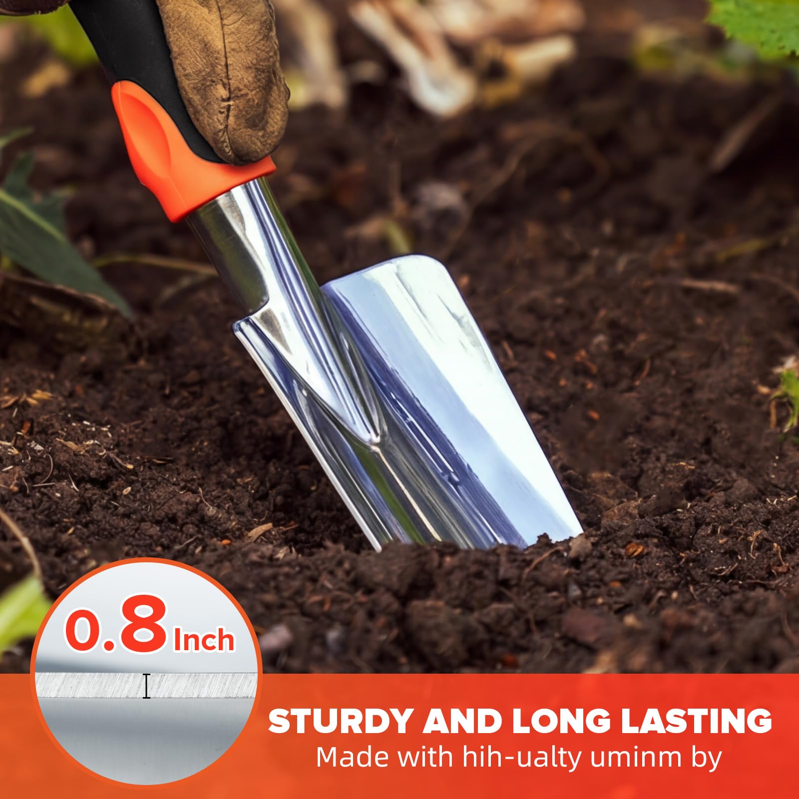 Bamworld Set di 3 Attrezzi da Giardino Resistente, Kit Giardinaggio in Lega di Alluminio con Impugnatura Ergonomica, Include Pala, Trapiantatore e Rastrello per Piantumazione e Prato, Arancione
