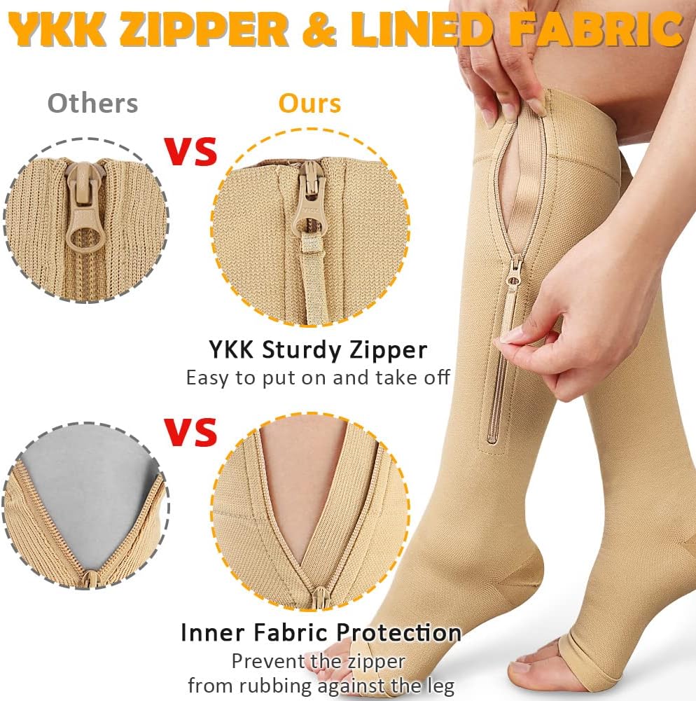 CASMON 15-20mmHg Zipper Compression Socks for Women and Men, Knee High Compression Stockings, Medical Open Toe Support Socks for Varicose Veins, Post-Surgery, Swelling, Nurses, Pregnancy (1 Pair) - Image 2