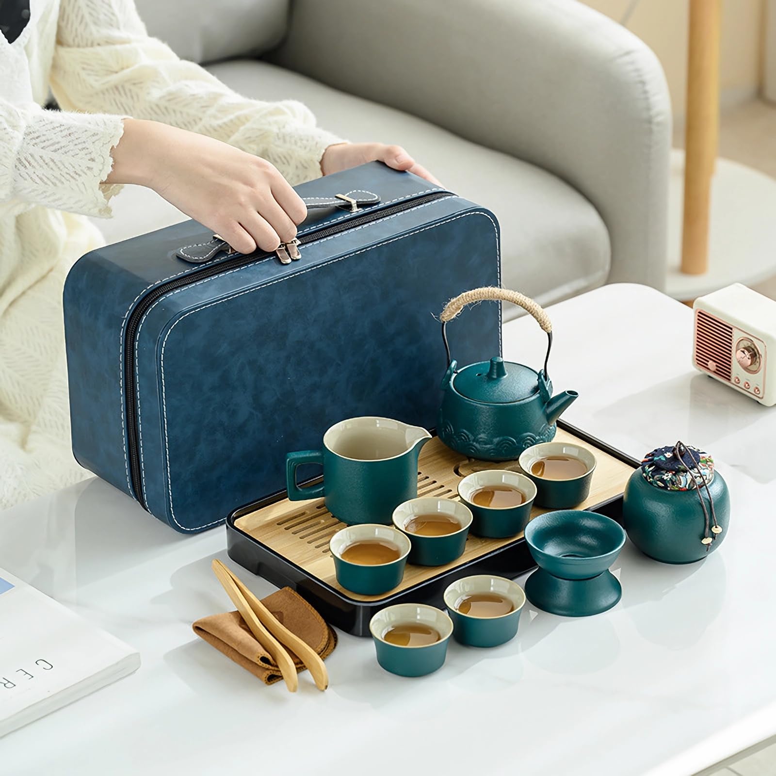 Tetera con colador, juego de té de porcelana, tetera de viaje chino y 6 tazas, mango de cuerda de cáñamo, juego de té para té suelto, regalo para los amantes del té, verde