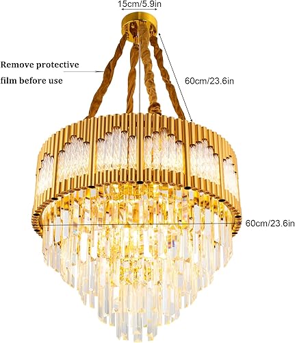 Miniatura 5 de DYNAMI Candelabro de cristal moderno dorado, 23.6 pulgadas, redondo, 5 niveles, cristales transparentes, luces colgantes grandes, altura ajustable