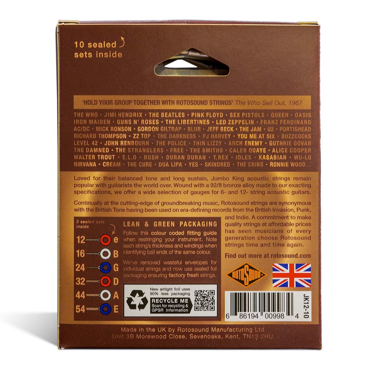 Rotosound JK12-10 Jumbo King - Cuerdas para guitarra acústica, paquete de 10